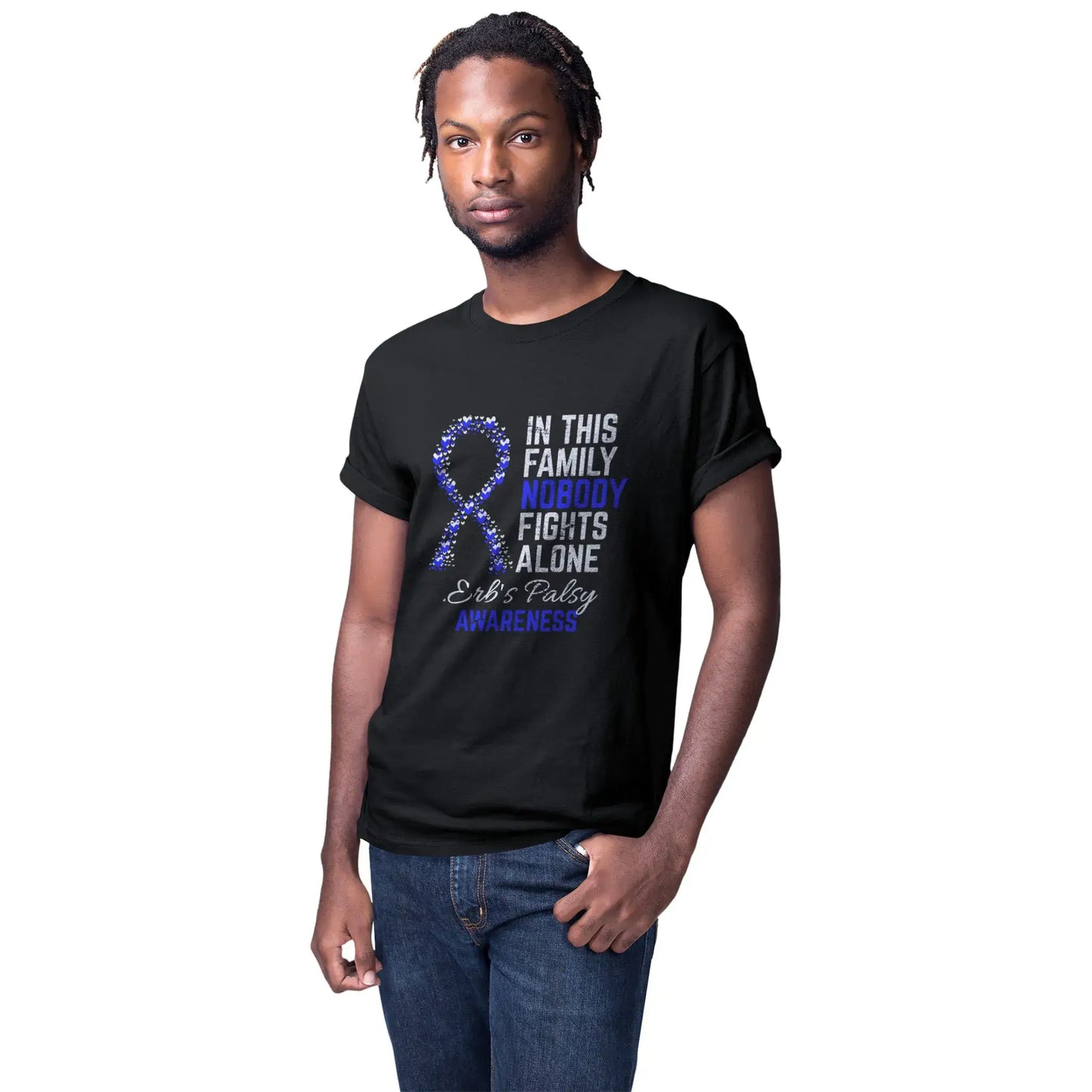 Men’s mockup of the Erbs Palsy Awareness T-shirt designed to support awareness and celebrate resilience in the Erb’s Palsy community.