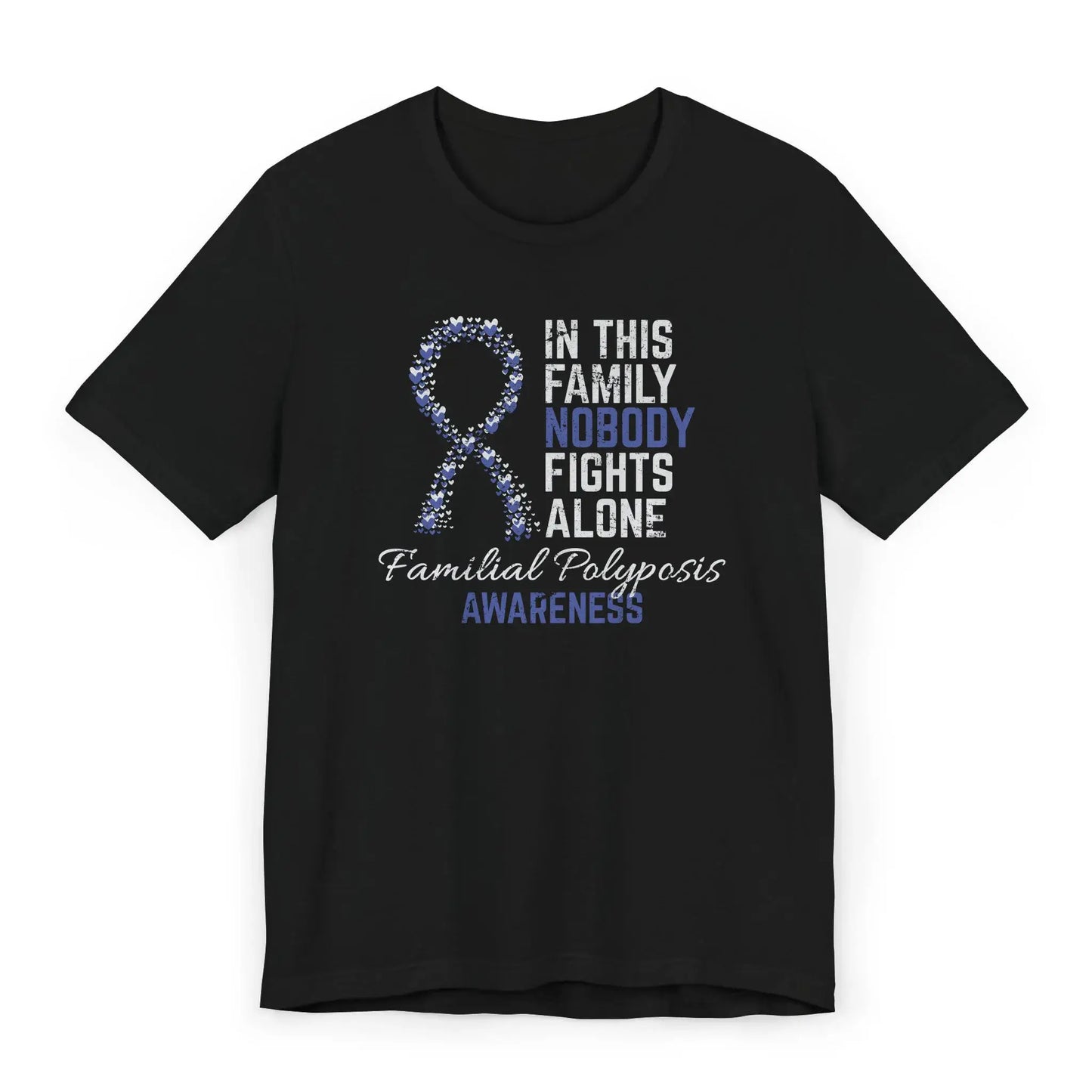 The flat image displays a Familial Polyposis Awareness T-shirt with a heart-filled ribbon and message honoring those facing inherited colon cancer risk.