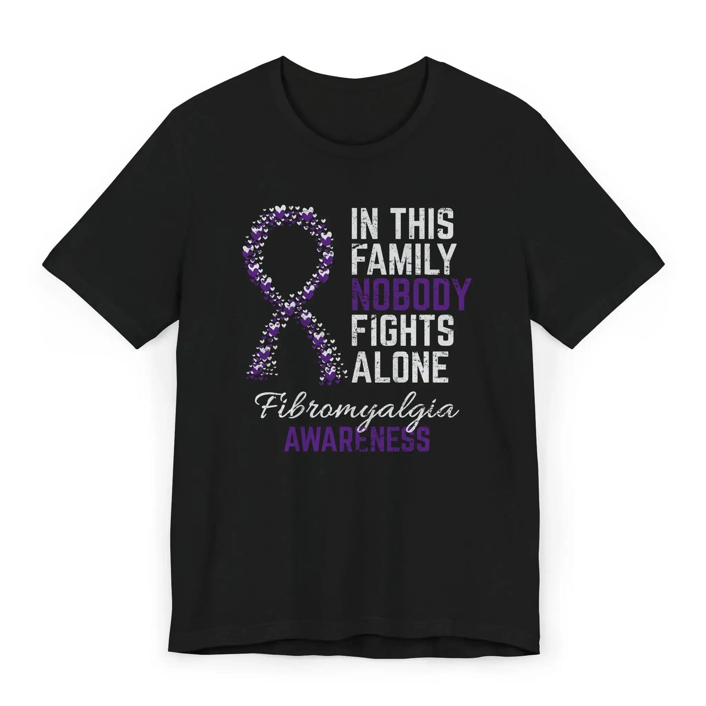 The flat image displays a Fibromyalgia Awareness T-shirt with a heart-filled ribbon and quote supporting chronic illness warriors living with daily pain.
