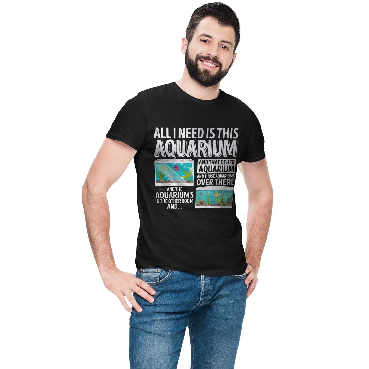 Man wearing aquarium t-shirt that says “All I Need Is This Aquarium and More”