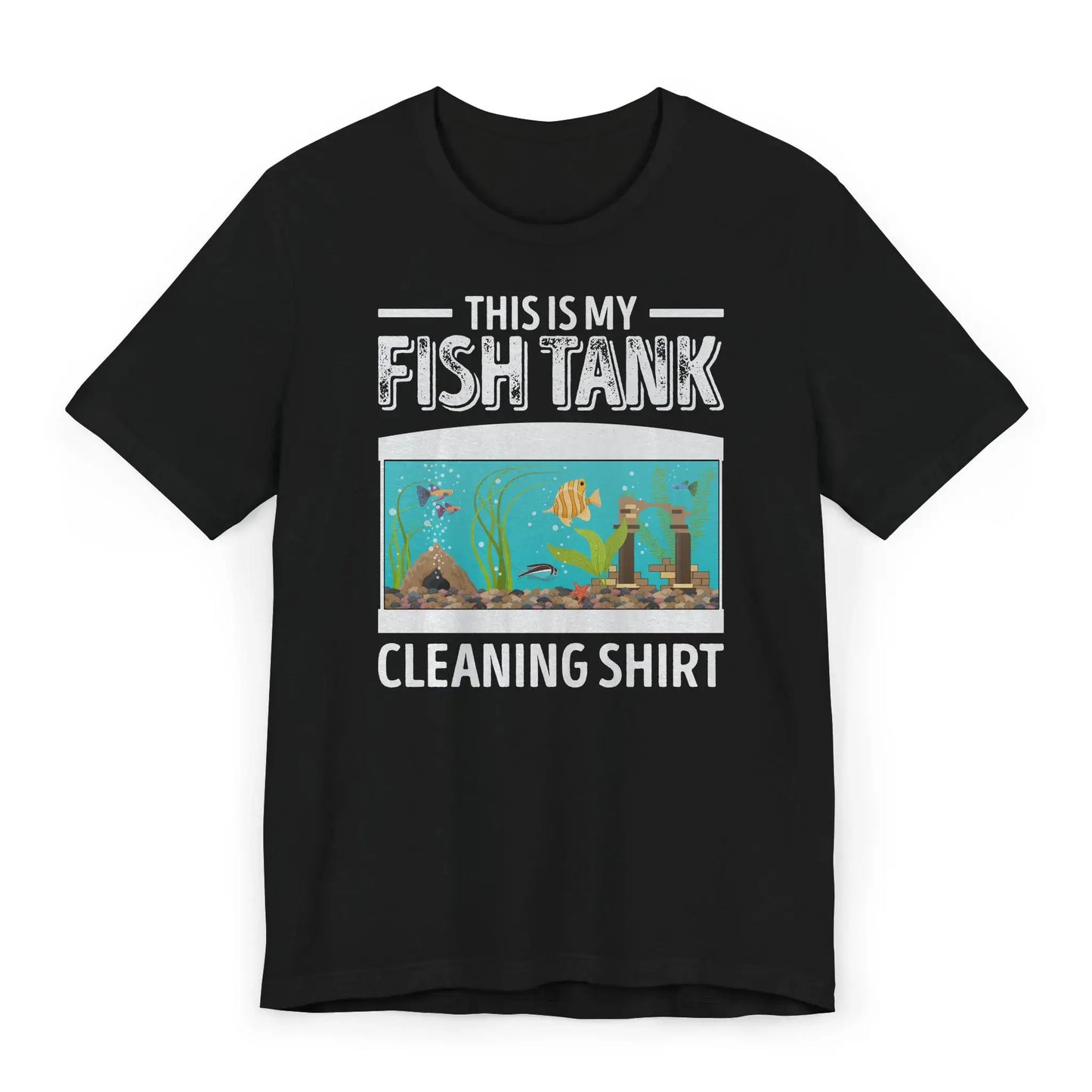 Flatlay of black aquarium t-shirt with “Fish Tank Cleaning Shirt” text and tank image