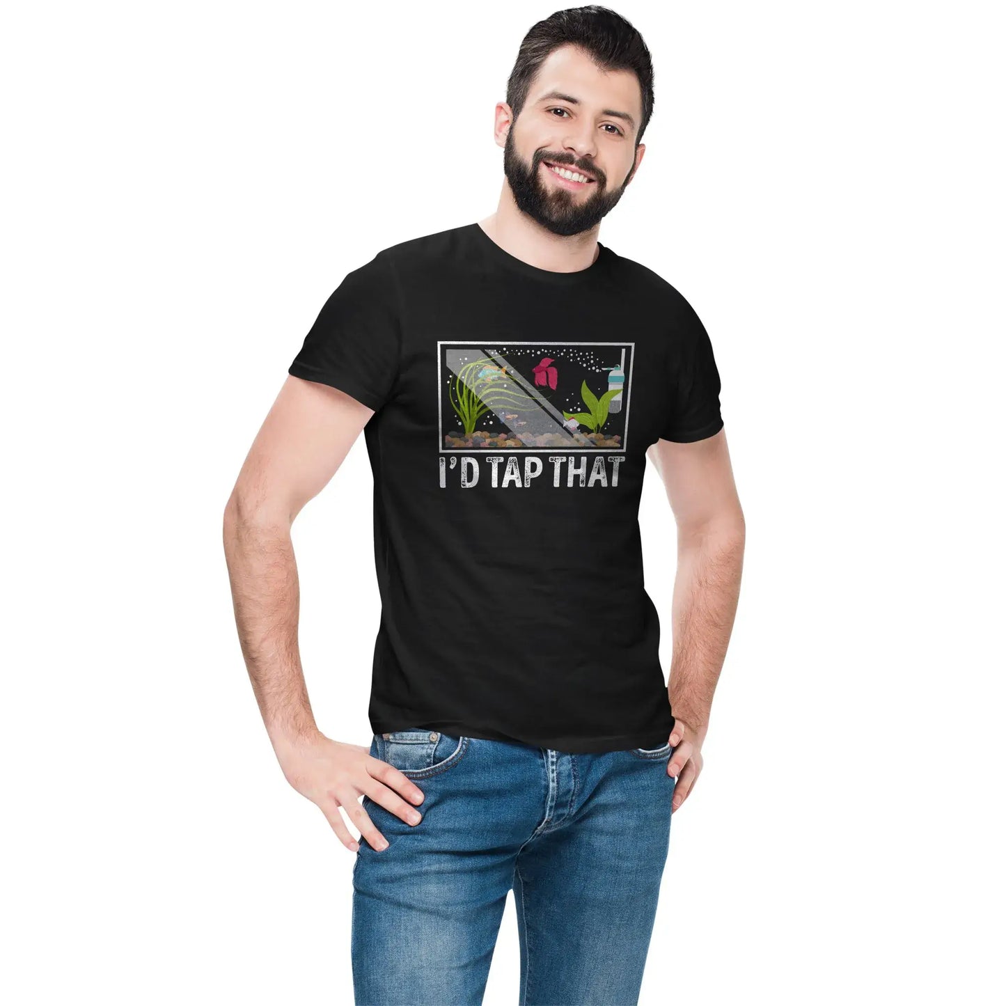 Men’s model wearing black fish tank shirt with humorous aquarium graphic