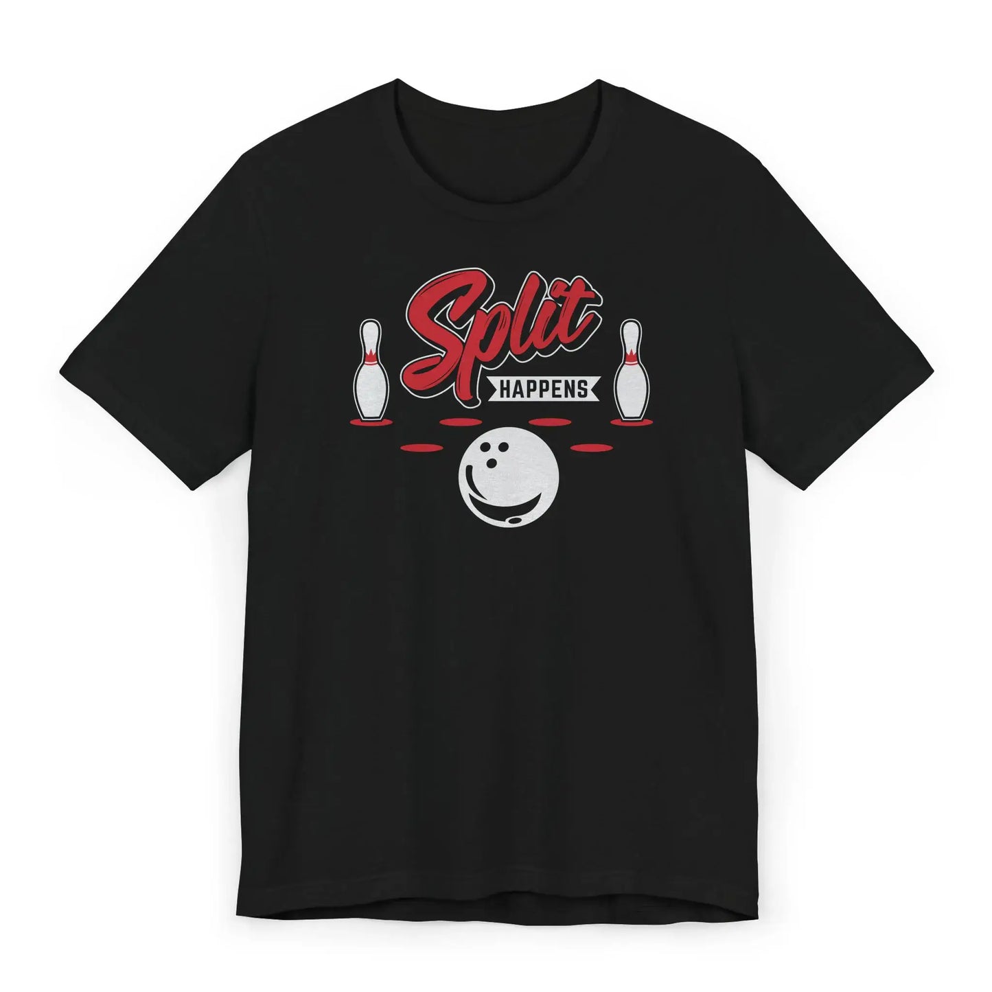 Flat image of Split Happens bowling shirt with pins and a stylized bowling ball