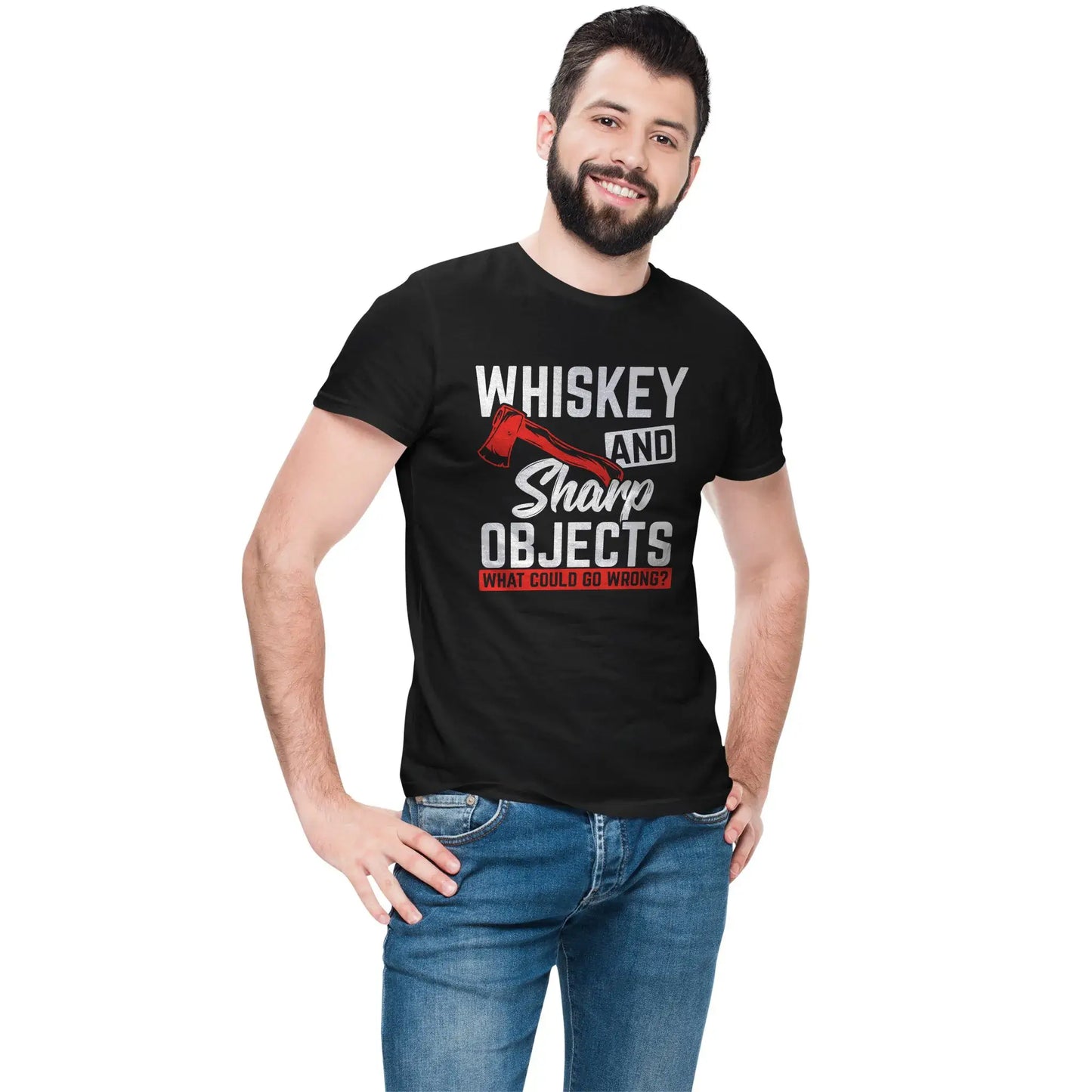 Men’s funny axe throwing shirt with weathered axe and humorous whiskey-themed text