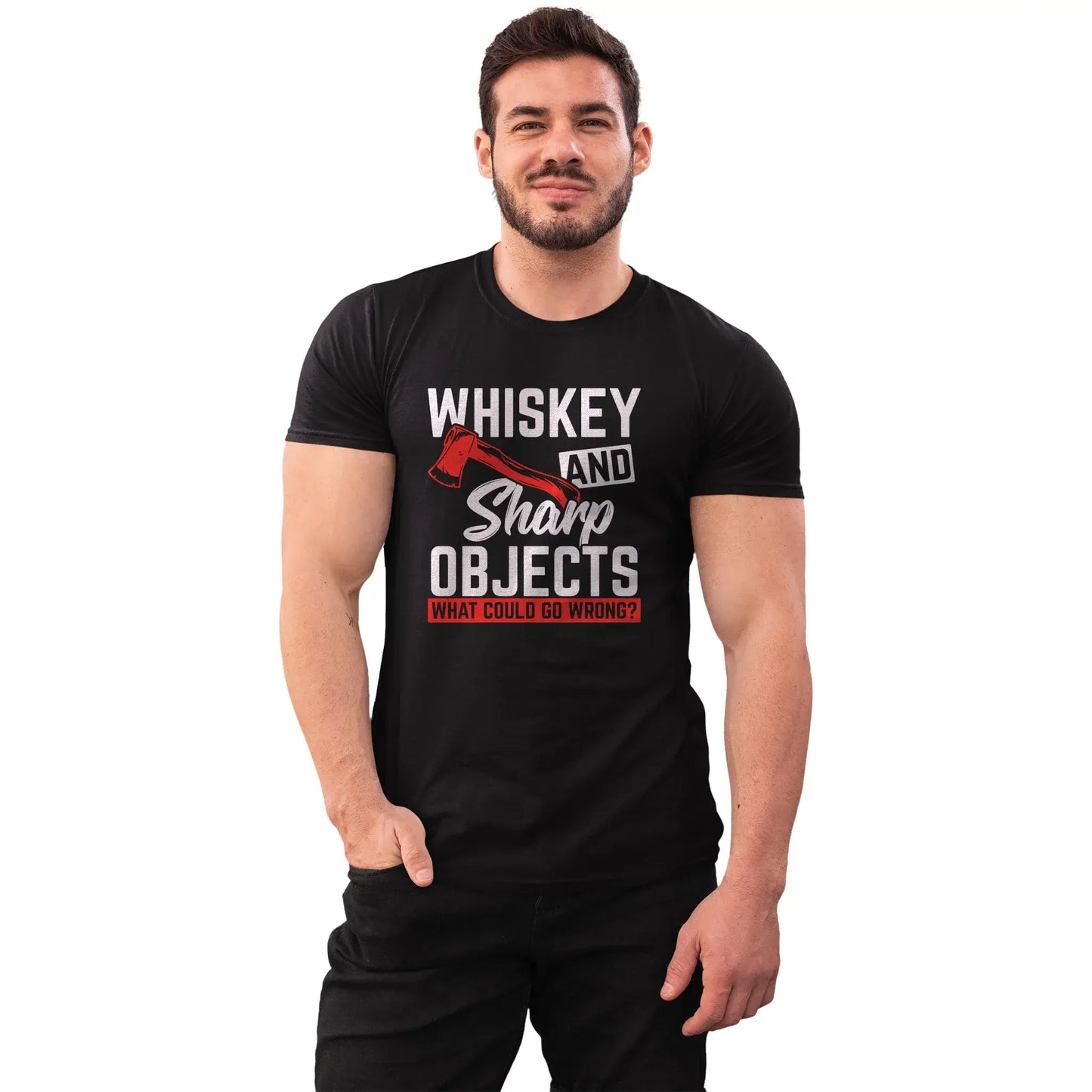 Men’s tee with distressed graphic and funny Whiskey and Sharp Objects quote for throwers