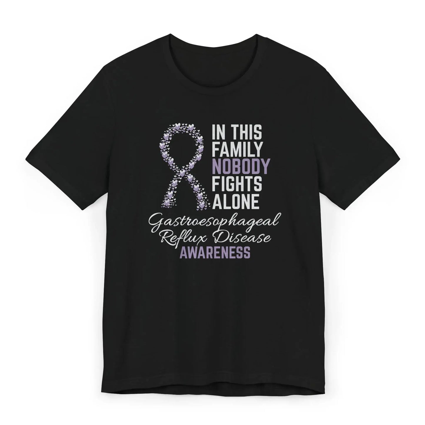 Flat image of the GERD Awareness T-shirt with a light blue ribbon and quote supporting those living with digestive disorders.