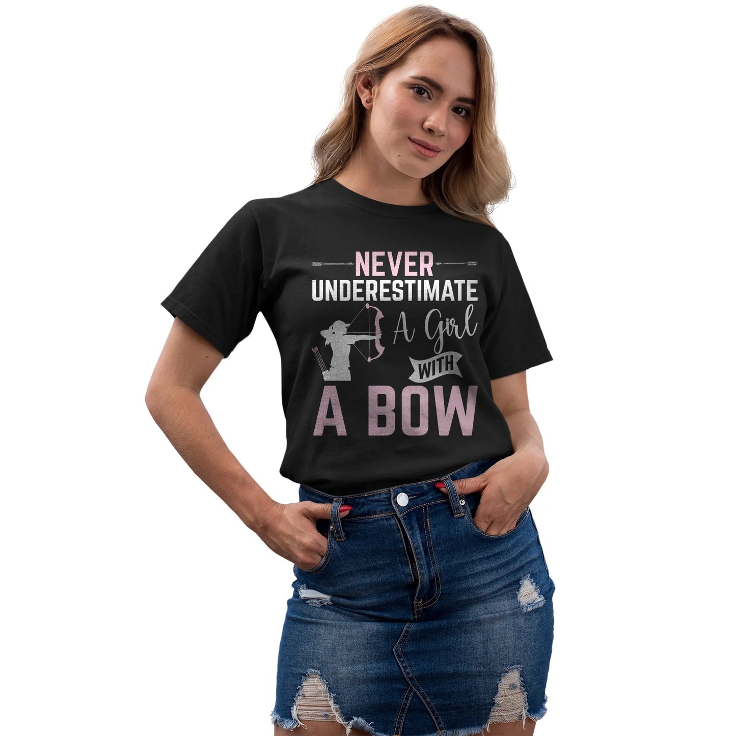 Girl modeling archery gift shirt for women – bold “Girl with a Bow” design