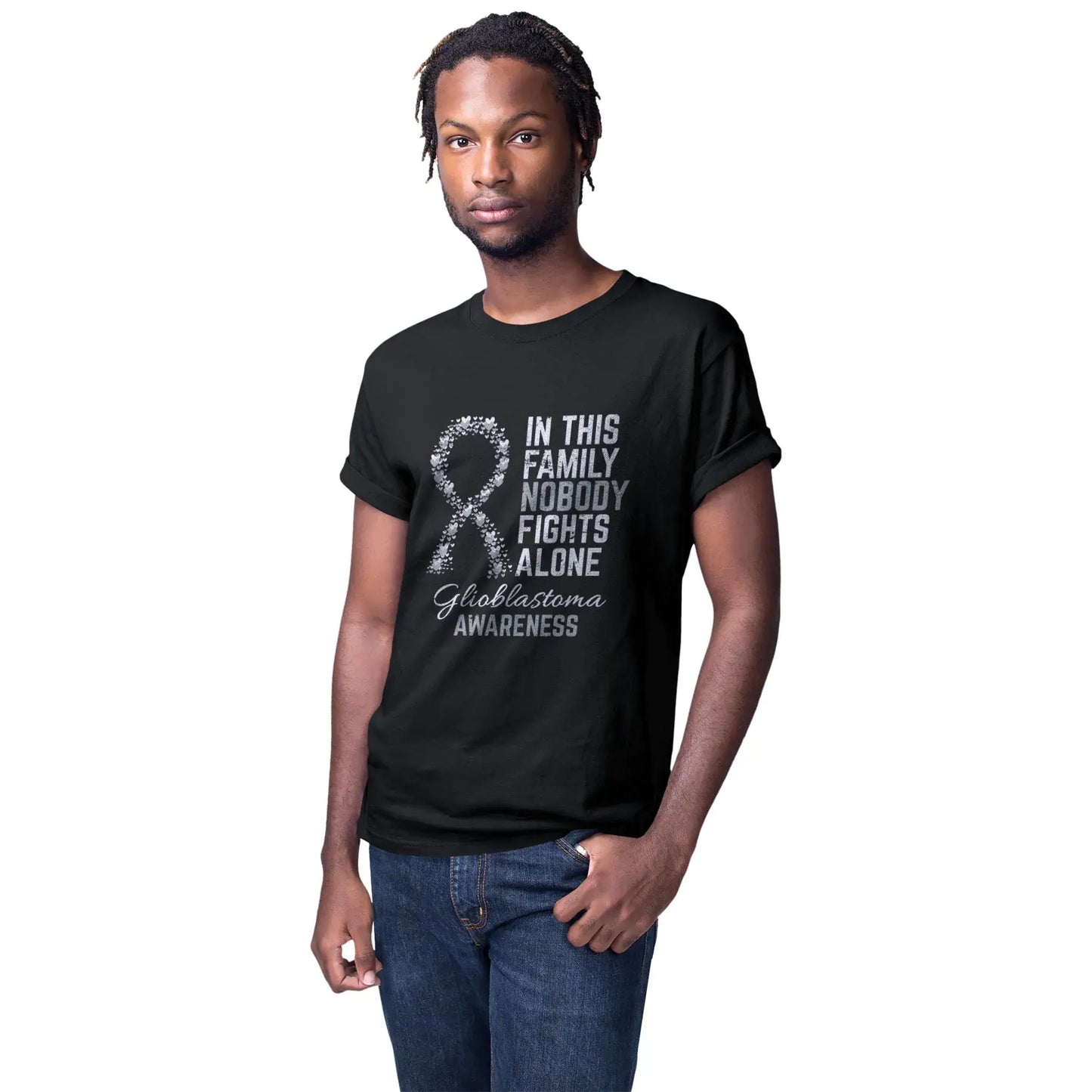 A man wears the Glioblastoma Awareness tee in memory of those who’ve fought glioblastoma and to raise visibility for this aggressive brain tumor.