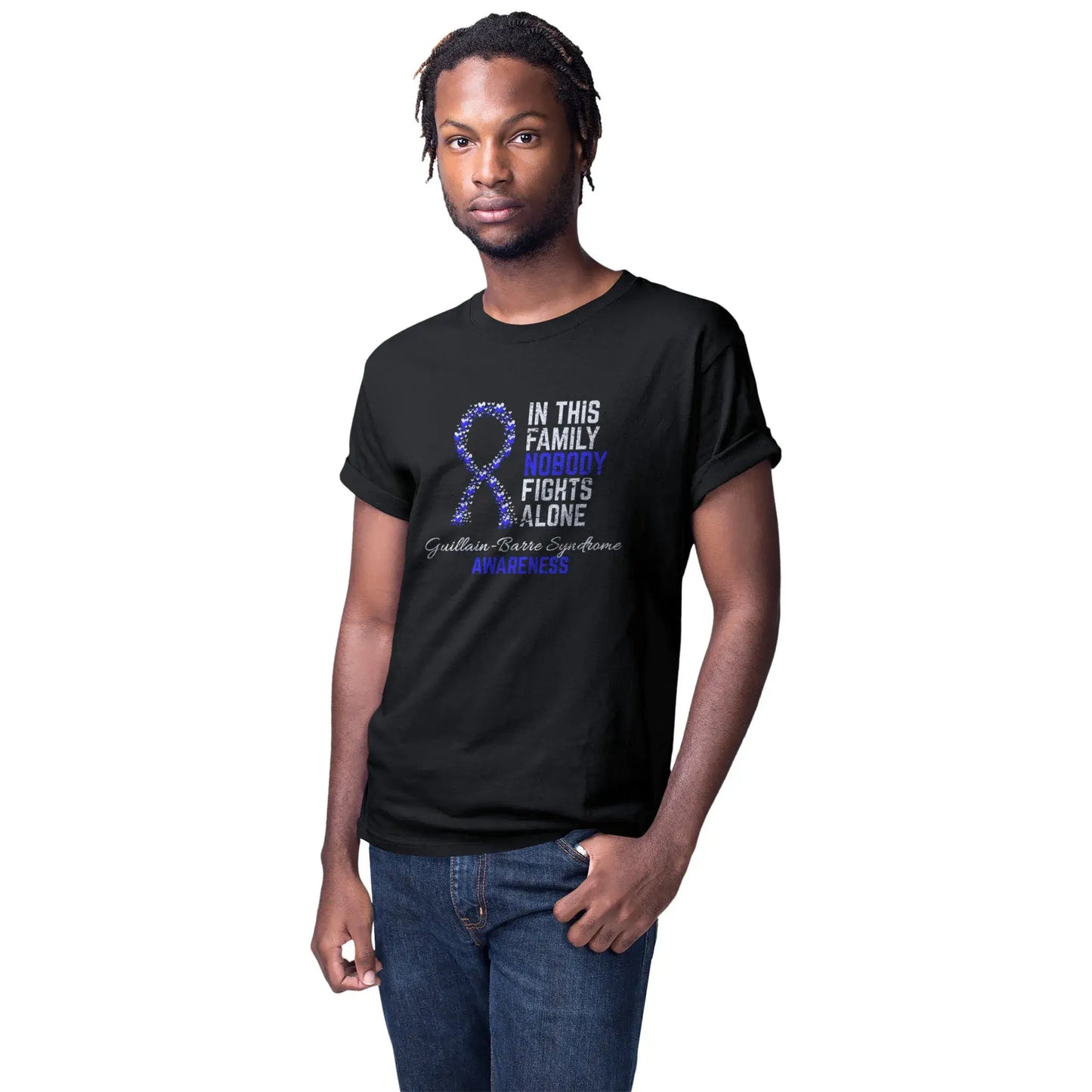 A man wears the Guillain-Barré awareness T-shirt to honor survivors and promote visibility for Guillain-Barré Syndrome.