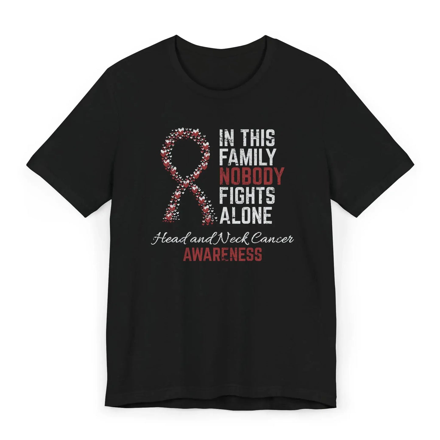The flat image displays a Head and Neck Cancer Awareness T-shirt with a heart-filled ribbon and quote supporting those affected by these rare cancers.