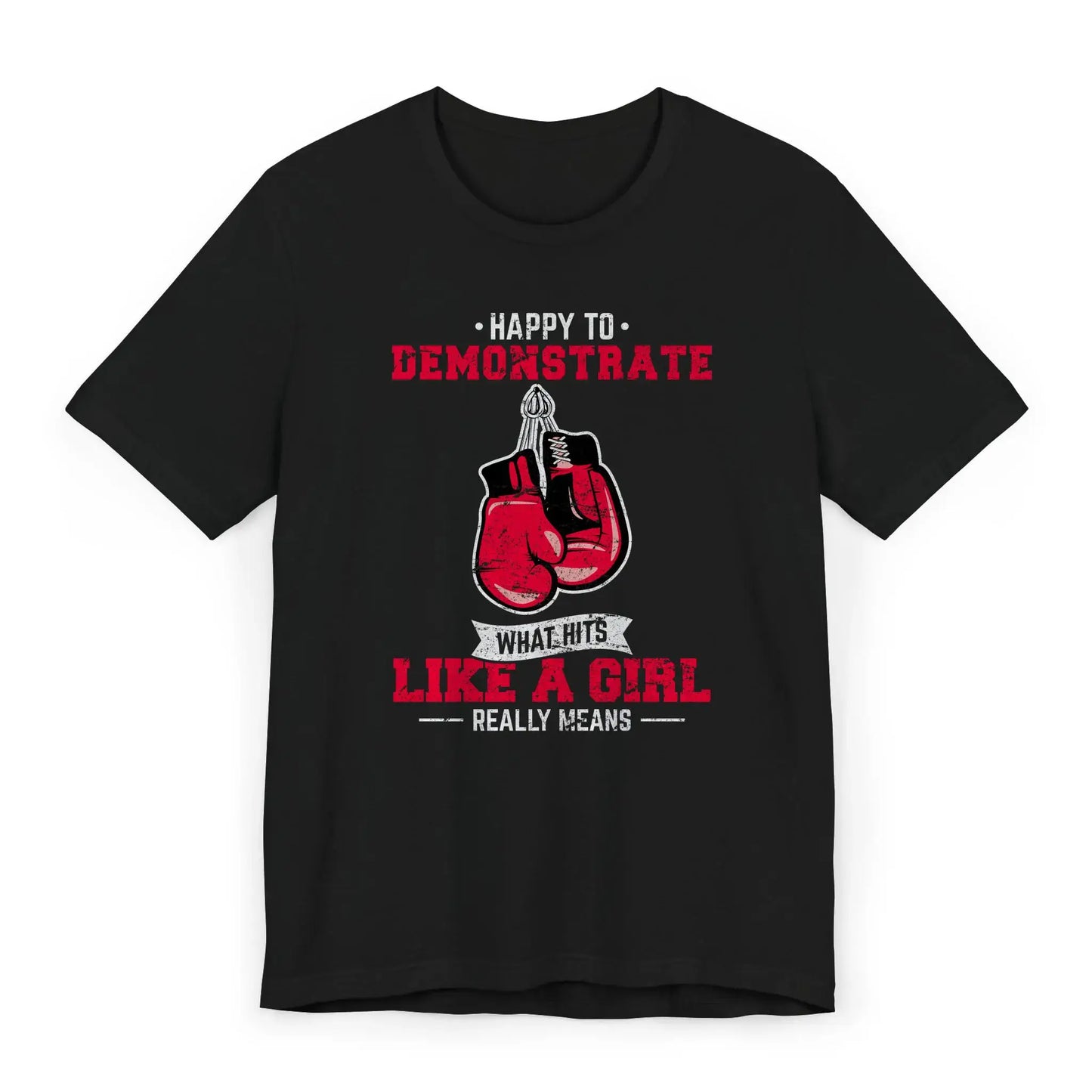 Flat image of a boxing shirt with red gloves and quote "Hits Like a Girl" – a strong message for female fighters.