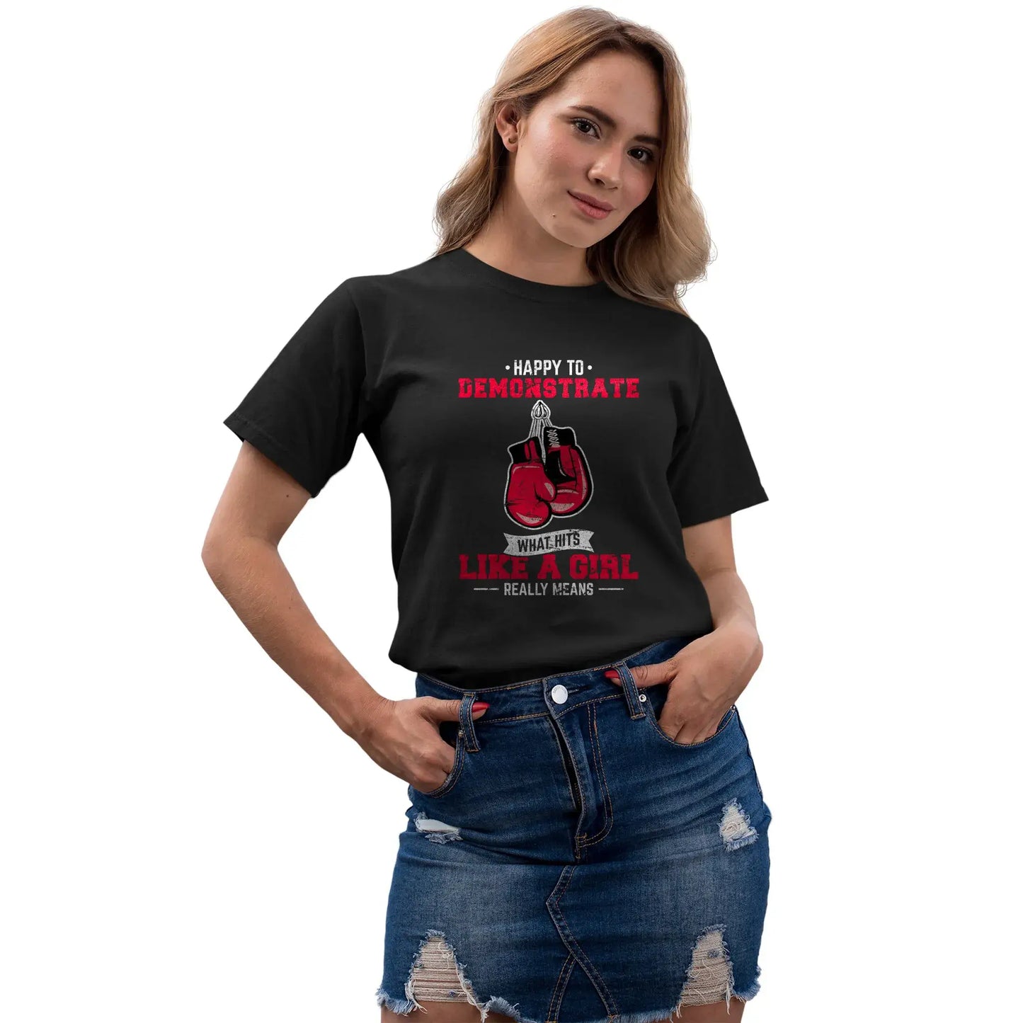 Women’s mockup of the "Hits Like a Girl" T-shirt – a bold unisex design for boxing fans.