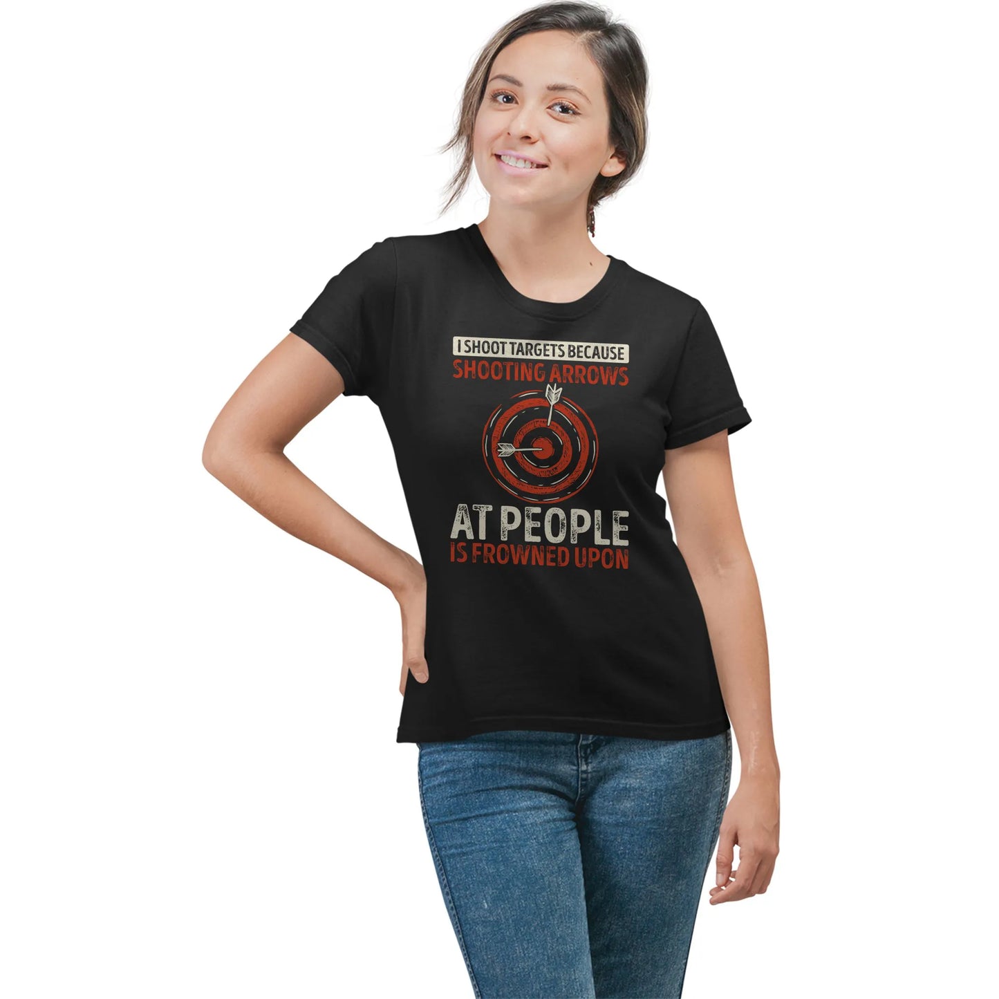 Woman in I Shoot Targets t-shirt – funny archer gift with distressed graphic