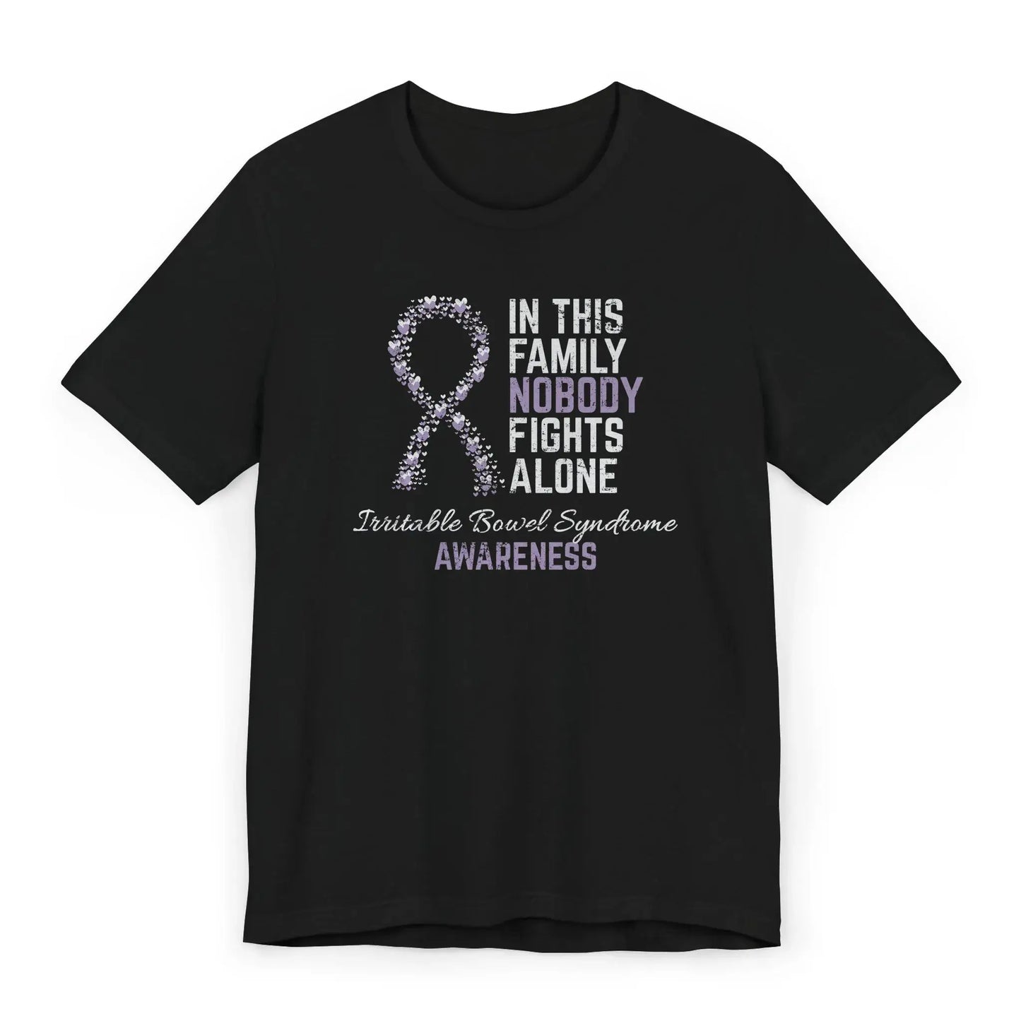 Flat image of the IBS Awareness T-shirt with a periwinkle ribbon and quote showing love and support for those with gut disorders.