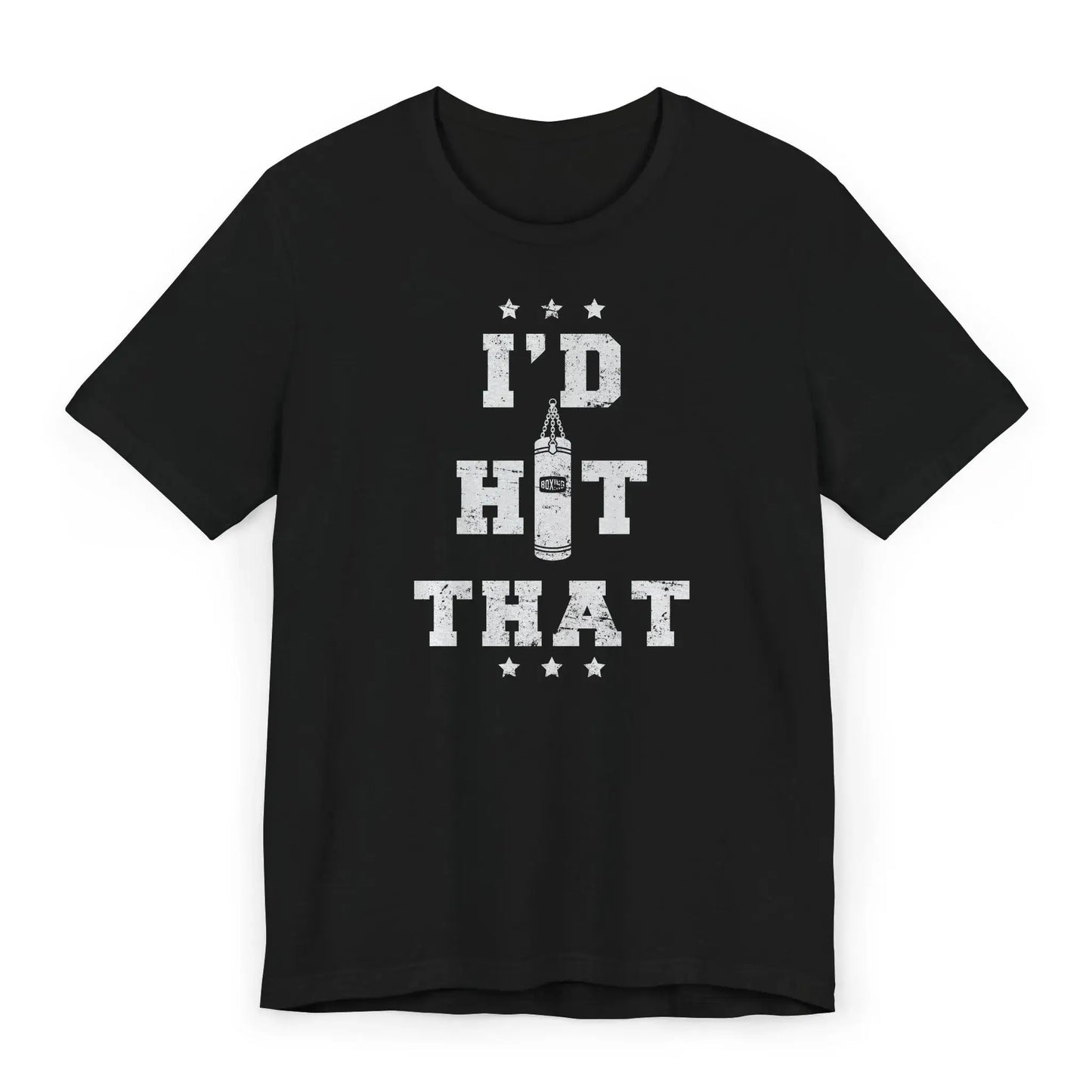 Flat lay of a funny boxing shirt with punching bag and quote “I’d Hit That.”