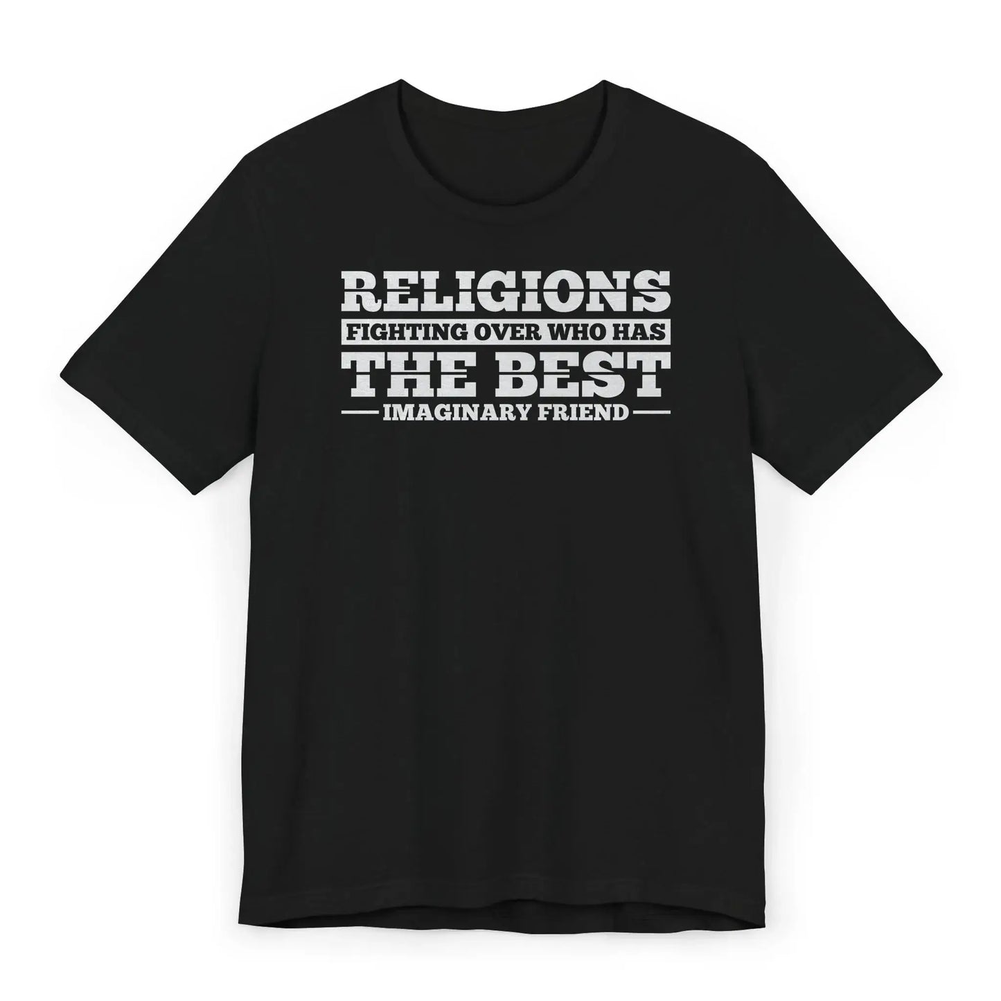 Flatlay of anti-religion shirt with imaginary friend quote