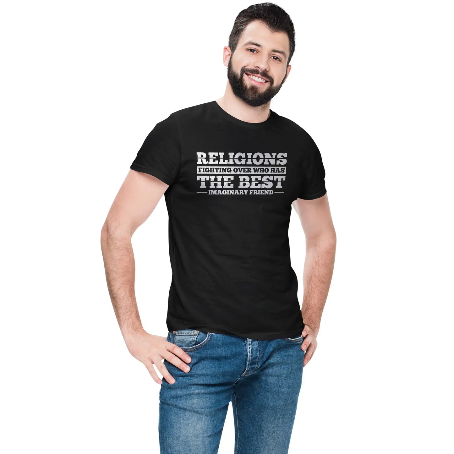 Man wearing bold skeptic tee criticizing organized religion
