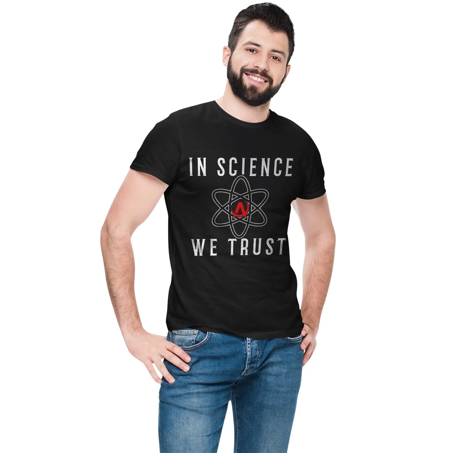 Man in skeptic t-shirt with scientific message