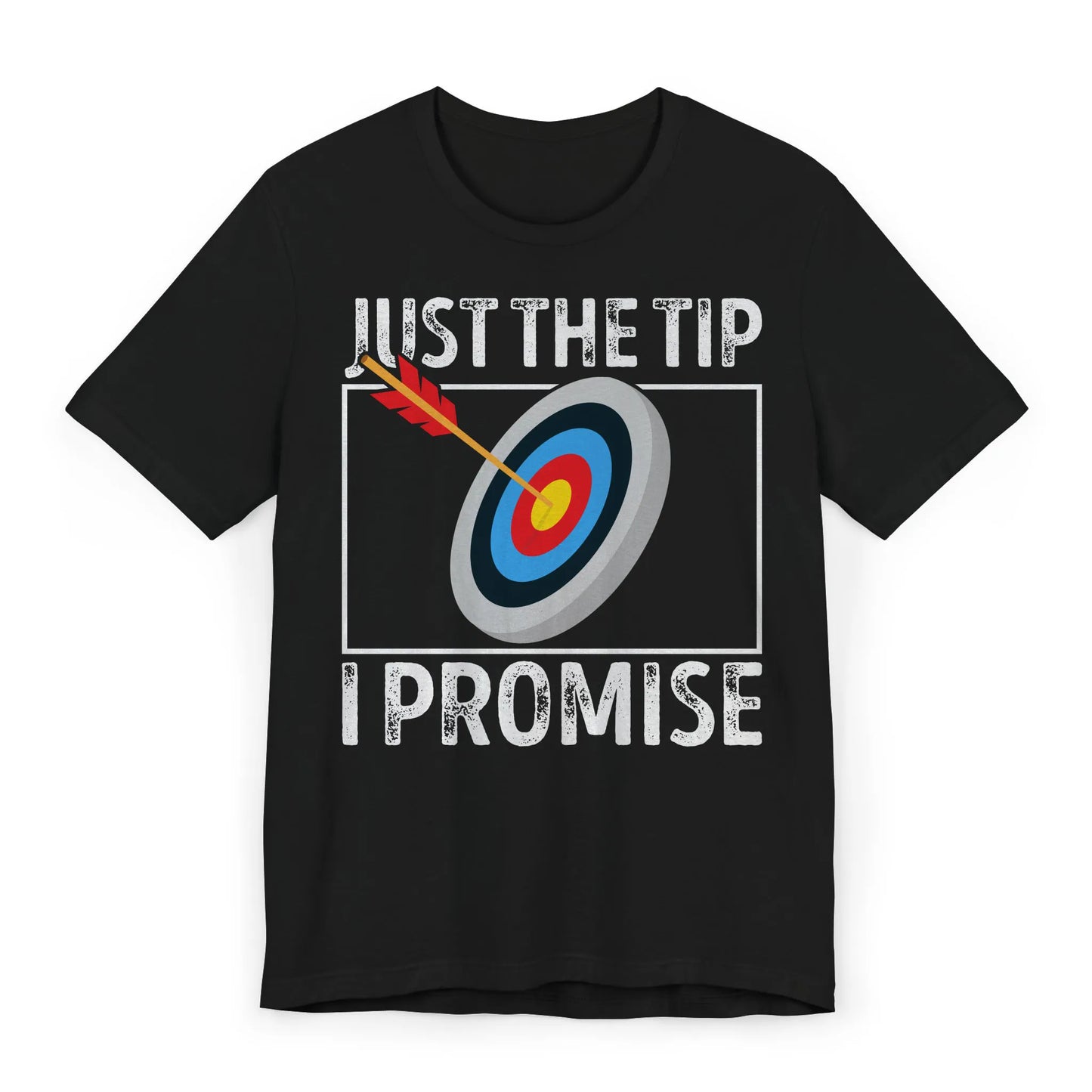 Flat image of Just the Tip tee – funny archery shirt with target graphic and cheeky quote