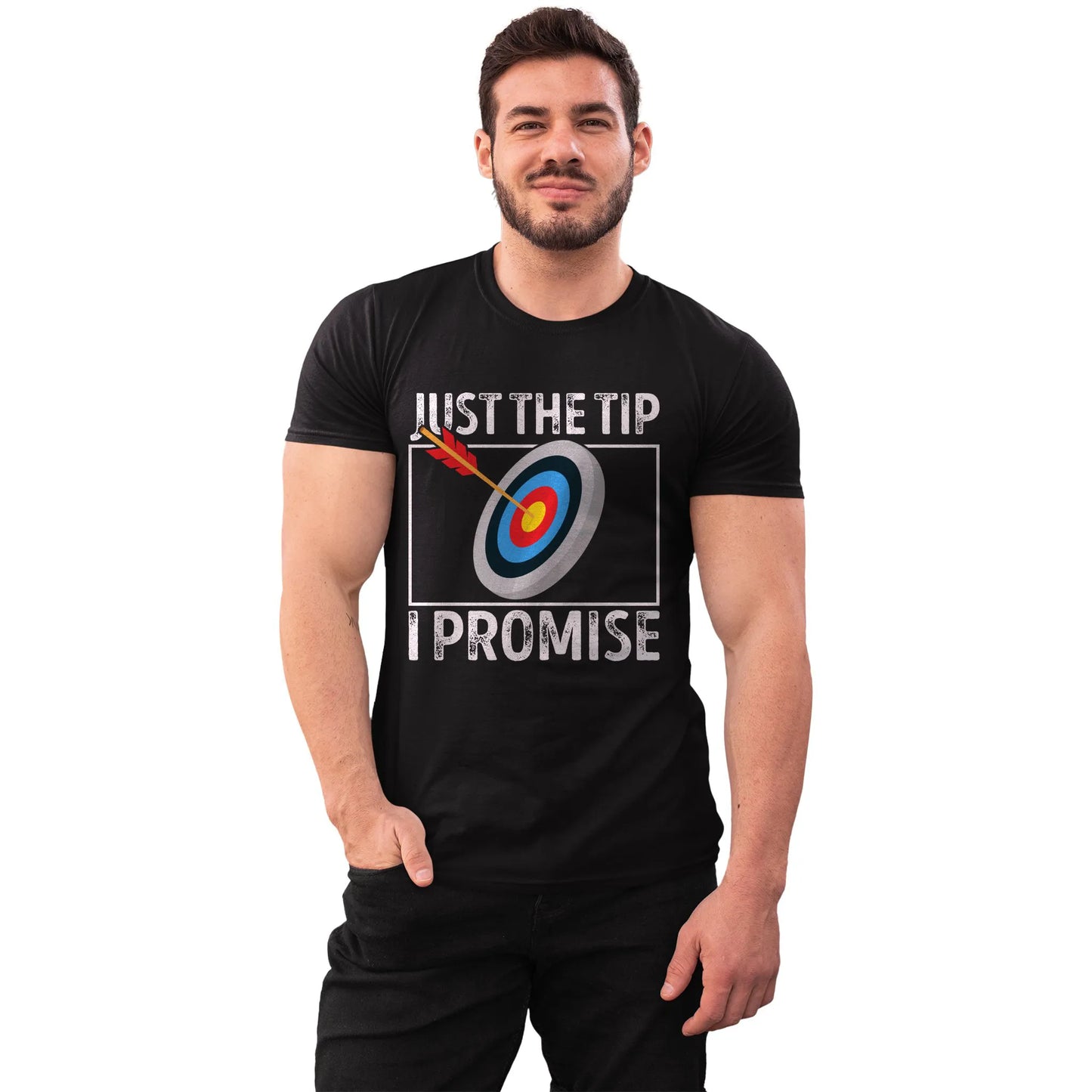 Man modeling Just the Tip archery shirt – hilarious bowman gift with colorful bullseye
