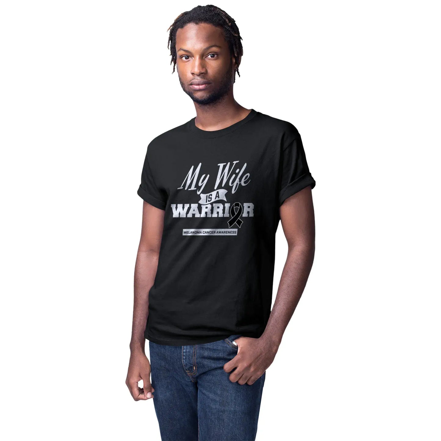 A man wears the Melanoma Awareness shirt to stand by his wife’s side through her melanoma journey with strength and solidarity.