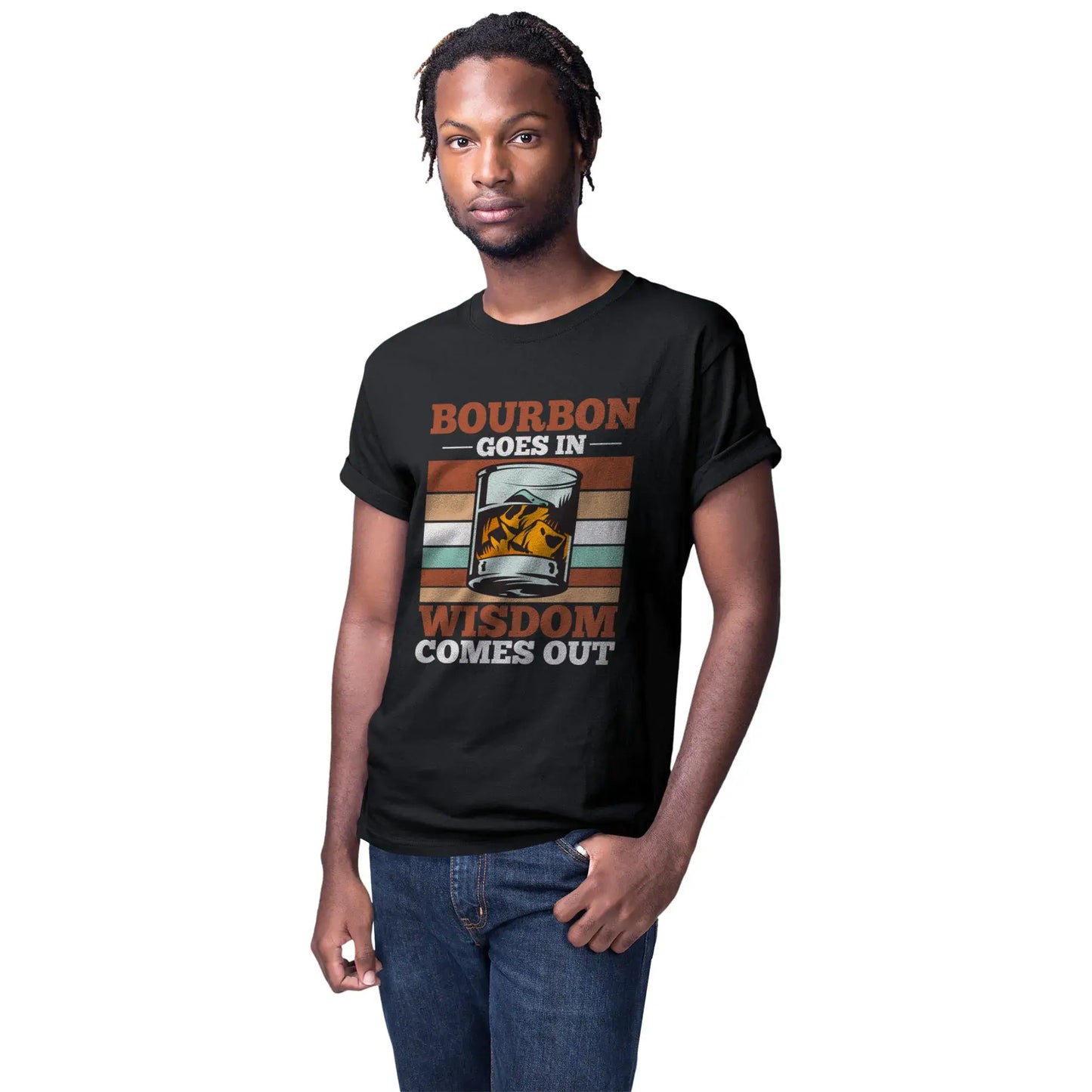 Man wearing a funny bourbon lover shirt featuring whiskey glass design