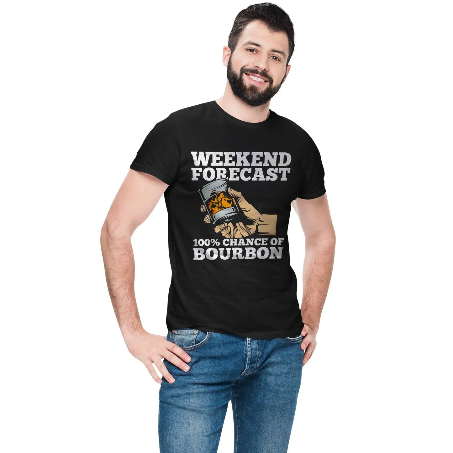 Man wearing weekend bourbon shirt with bold text and rocks glass design