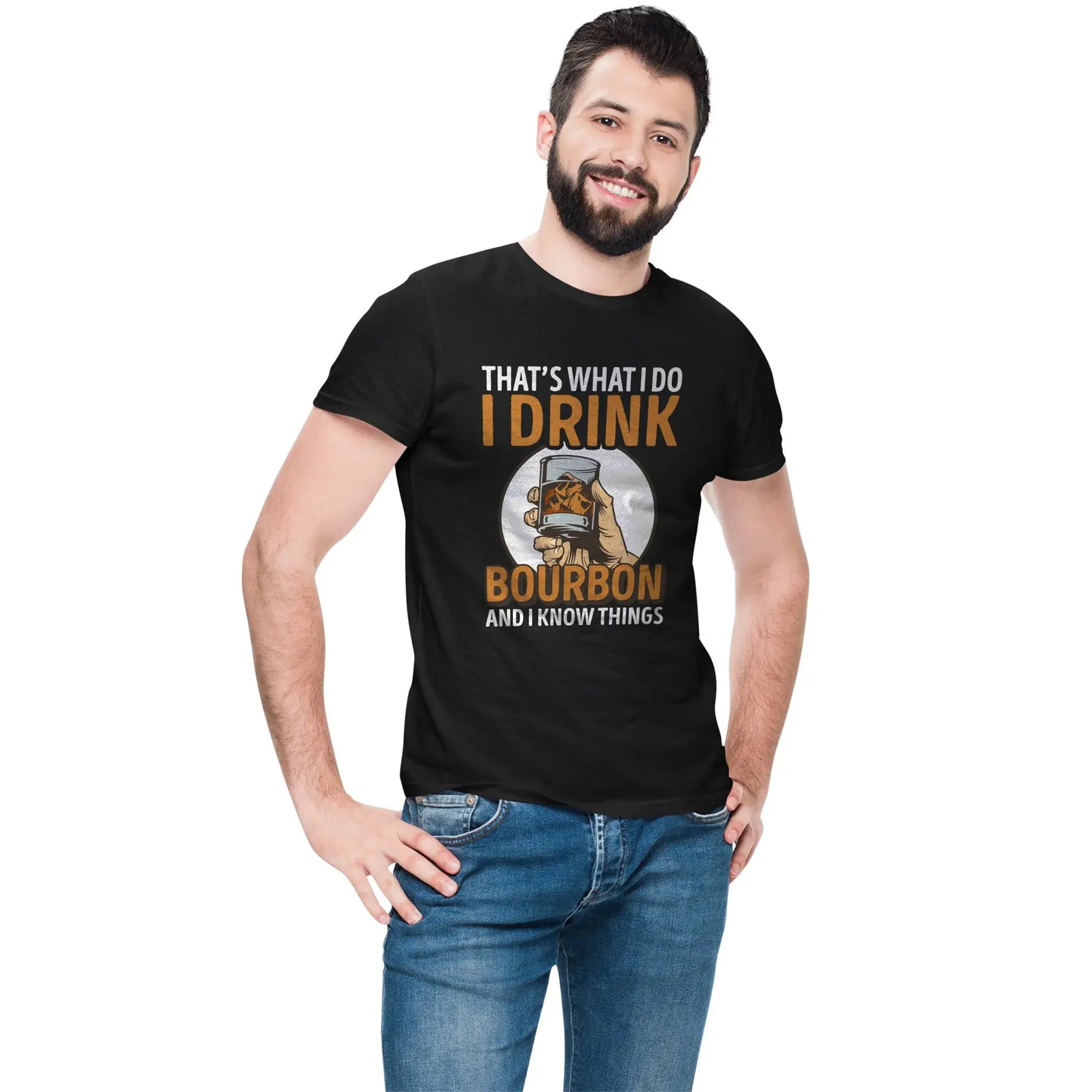 Man wearing funny bourbon t-shirt with whiskey glass and bold text