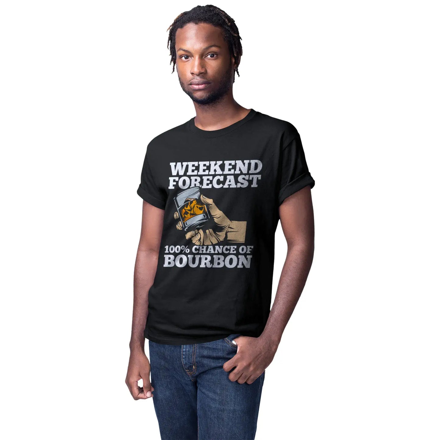 Second male mockup showing the bourbon-themed t-shirt for whiskey drinkers