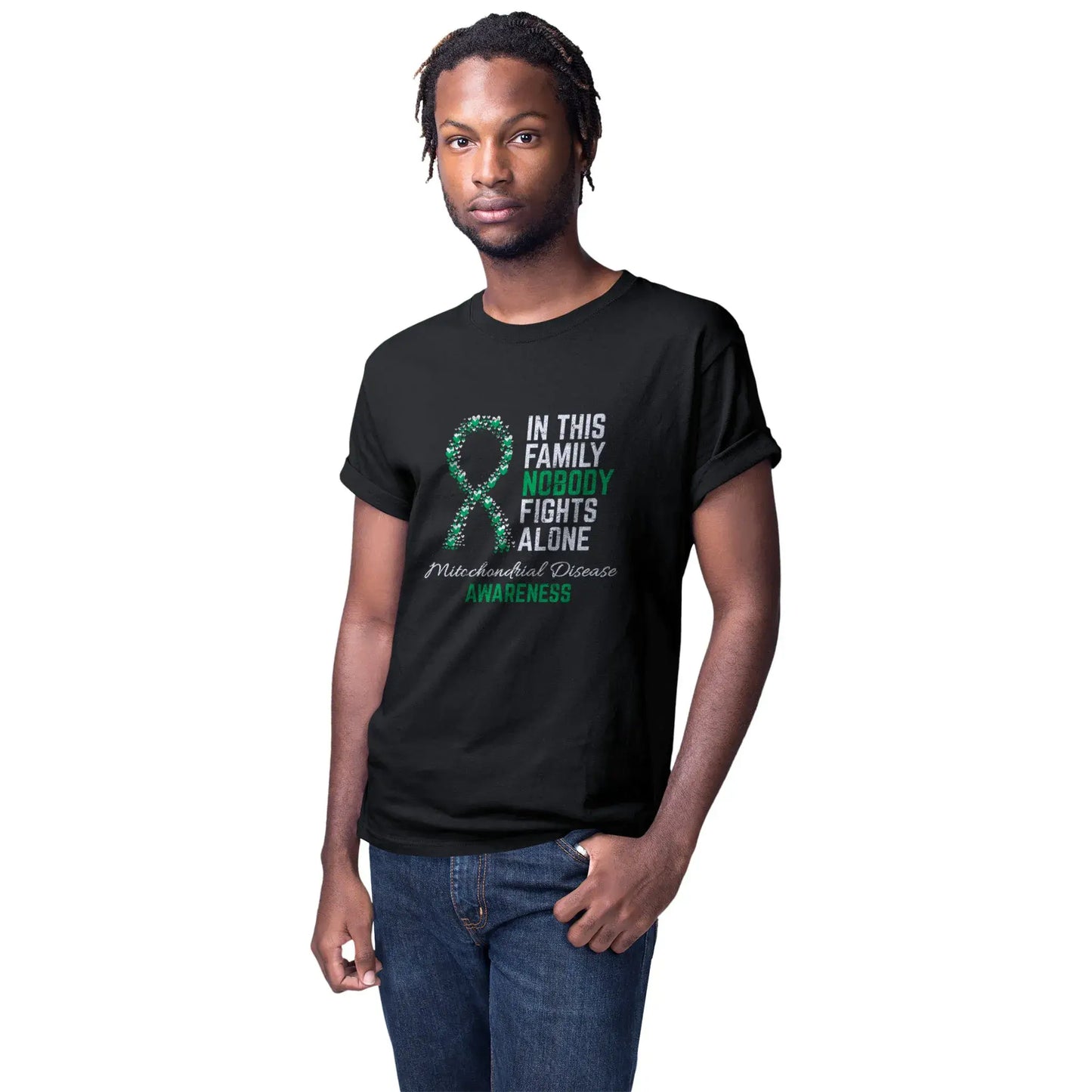 A man wears the Mitochondrial Disease Awareness tee to show strength and solidarity with families impacted by this complex cellular condition.