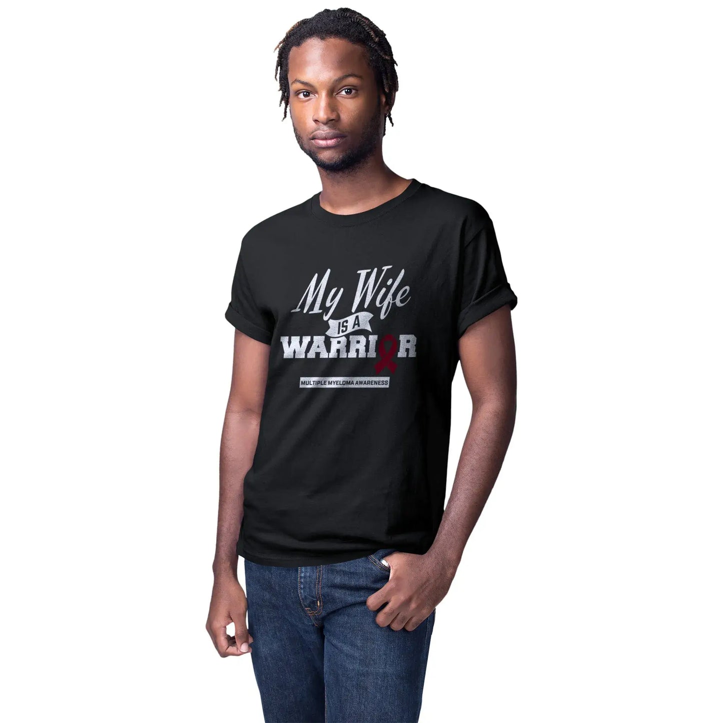 A man models the Myeloma Awareness shirt to show strength and love for his wife’s cancer journey and resilience.