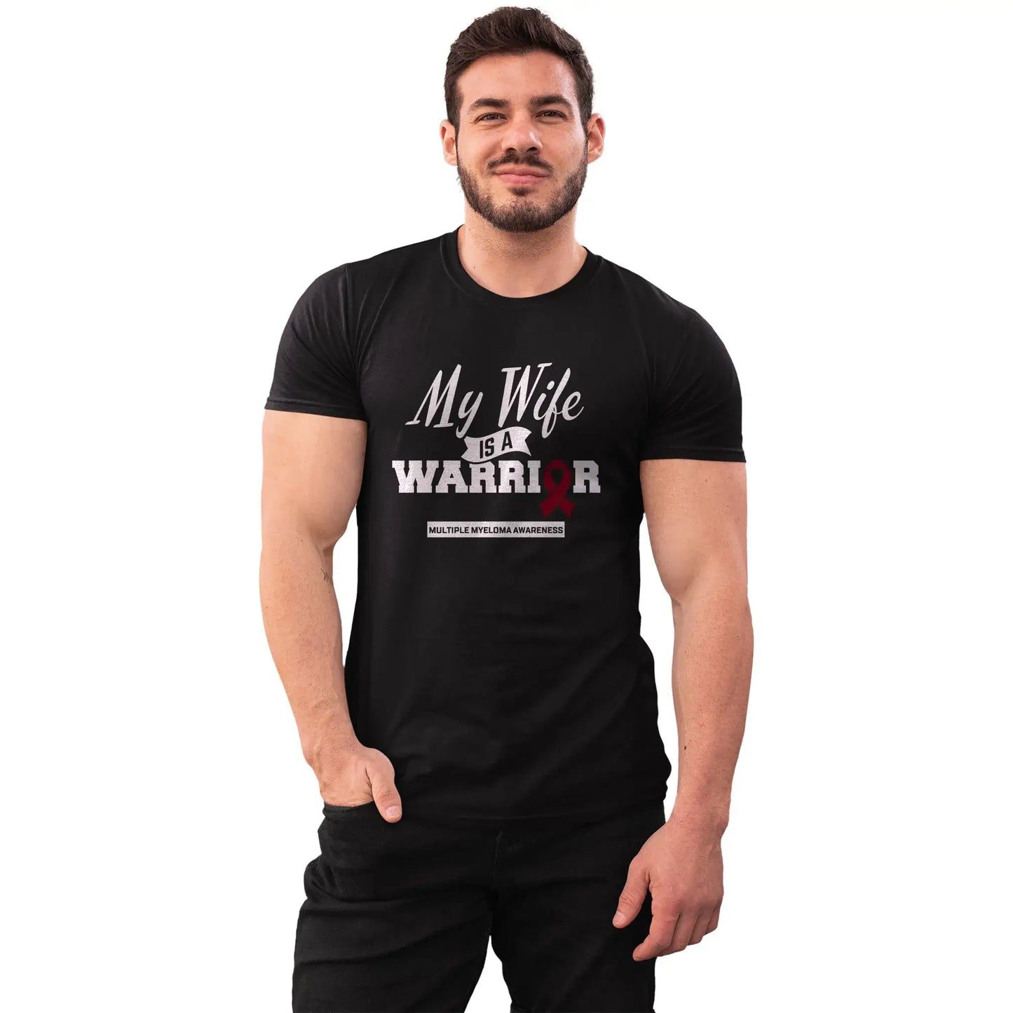 The Myeloma Warrior tee is worn by a husband proudly standing beside his wife through her battle with multiple myeloma.
