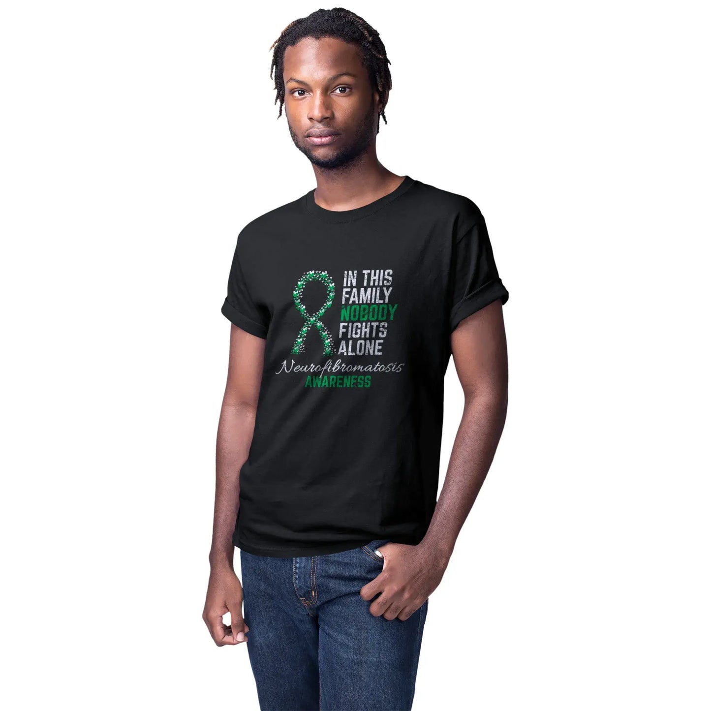 Men’s mockup wearing the Neurofibromatosis Awareness T-shirt, made to raise awareness and show support for NF fighters and families.