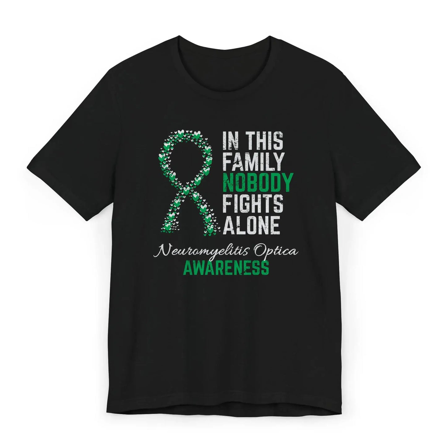 Flat image of the neuromyelitis optica awareness T-shirt with a heart-filled ribbon and the quote “In This Family No One Fights Alone.”