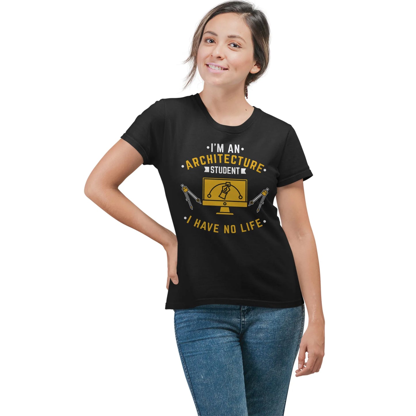 Woman wearing “I Have No Life” tee – architecture student gift for girls or women in design school