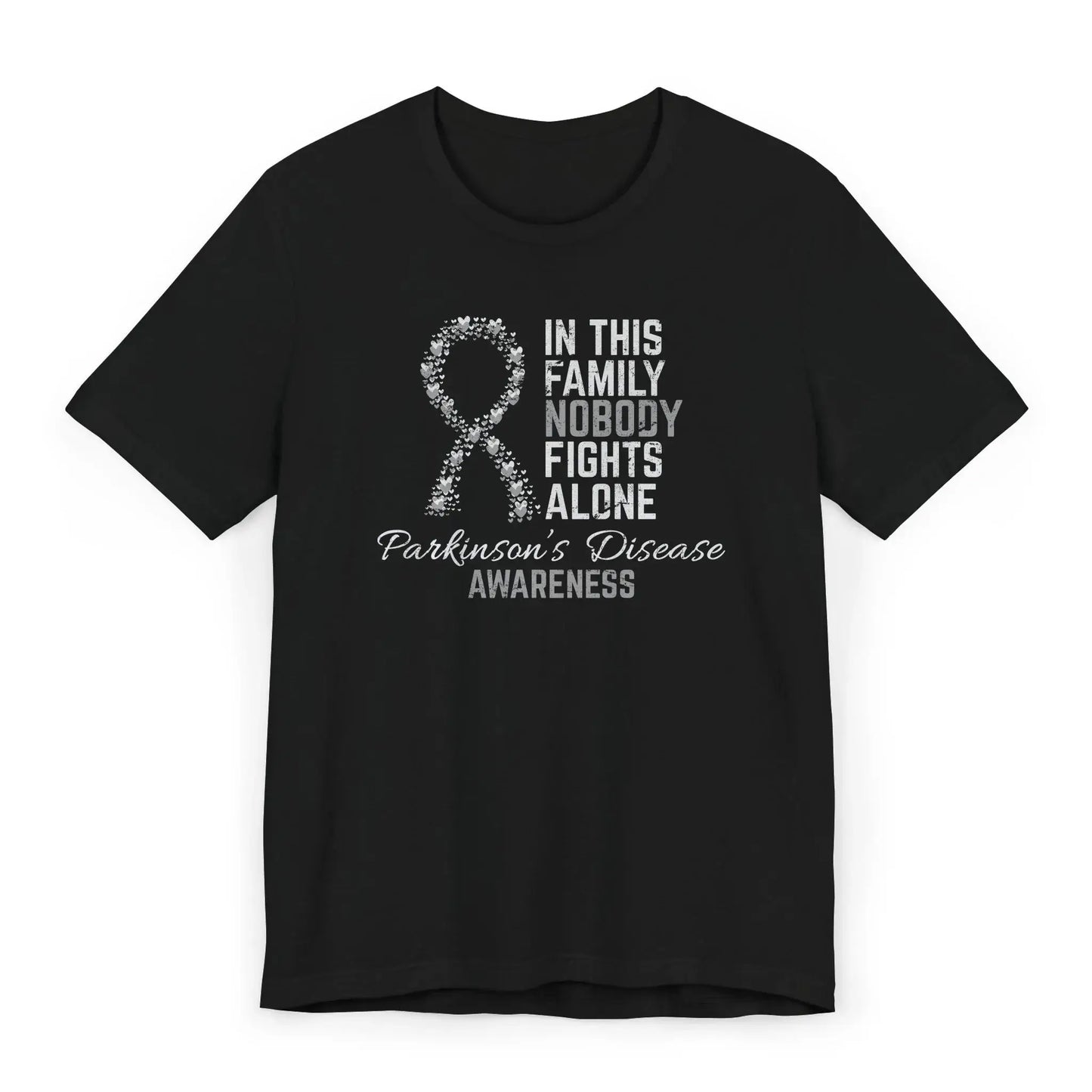 The flat image shows a Parkinson’s Disease awareness T-shirt with a heart-filled ribbon and message supporting strength and unity through the journey.