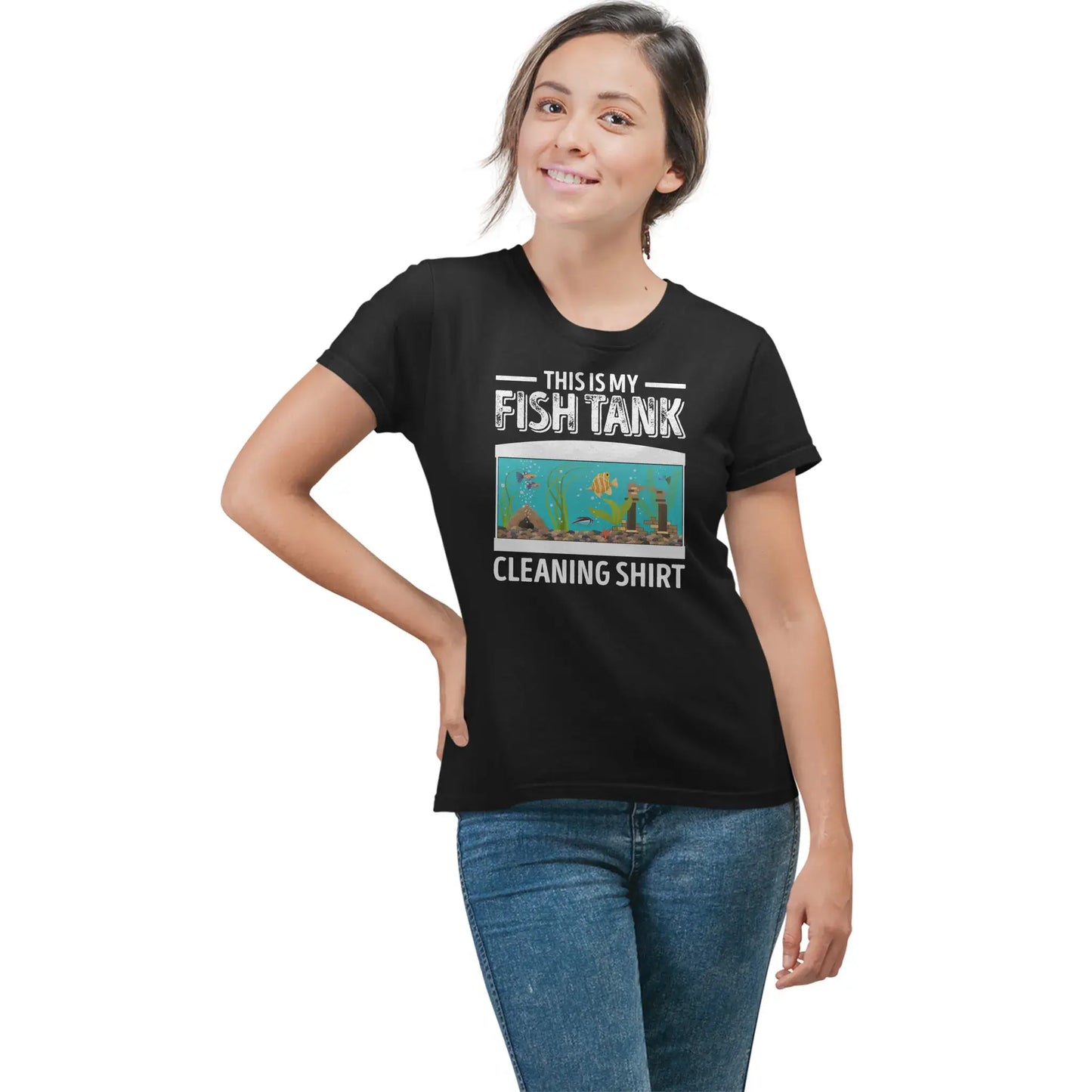 Woman wearing pet fish shirt that says “This Is My Fish Tank Cleaning Shirt”