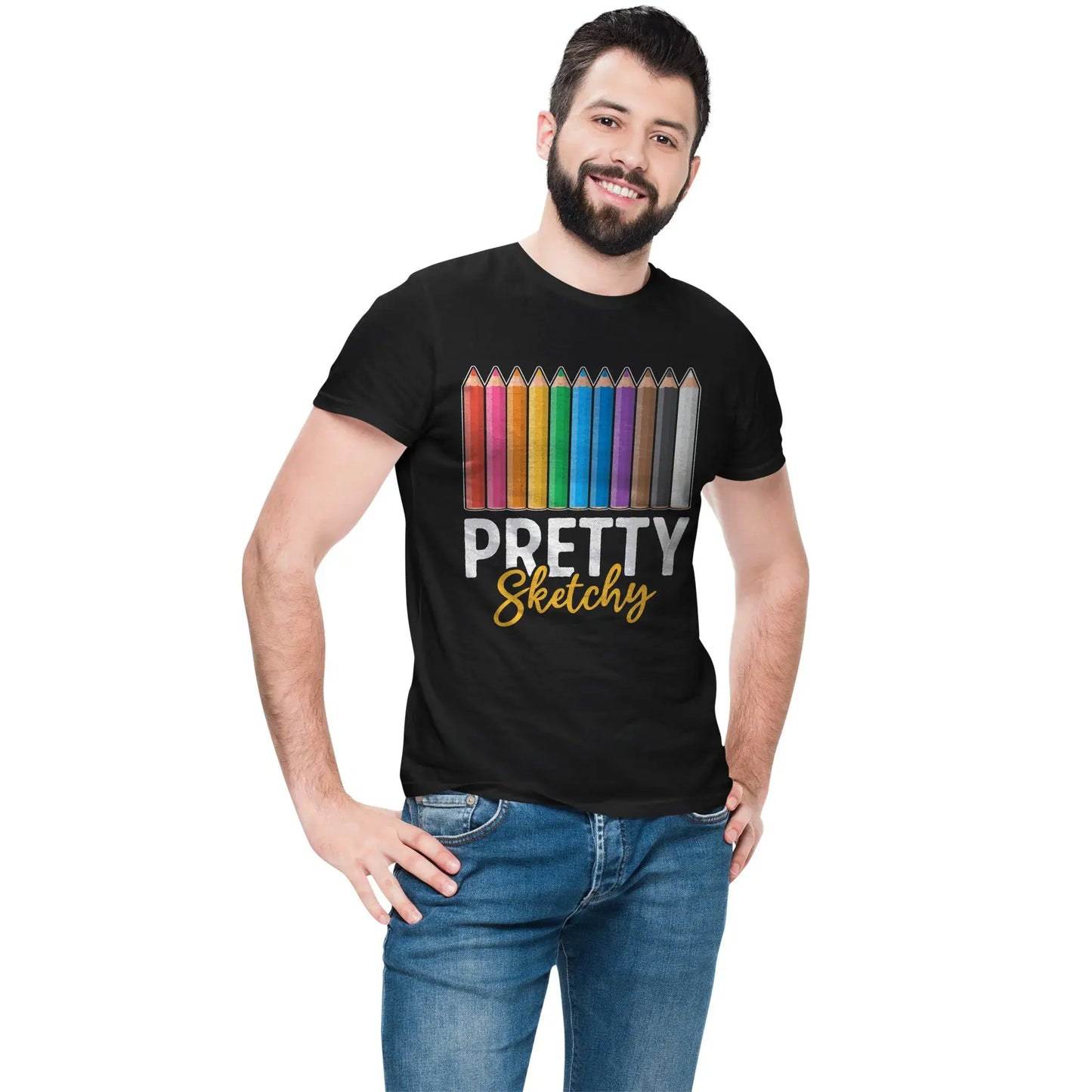 Man wearing funny artist shirt with a playful sketchy quote