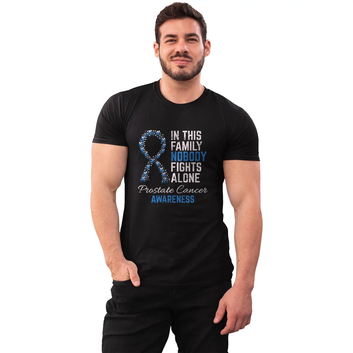A man wears the Prostate Cancer Awareness shirt while showing pride and support for prostate cancer warriors, survivors, and early detection efforts.