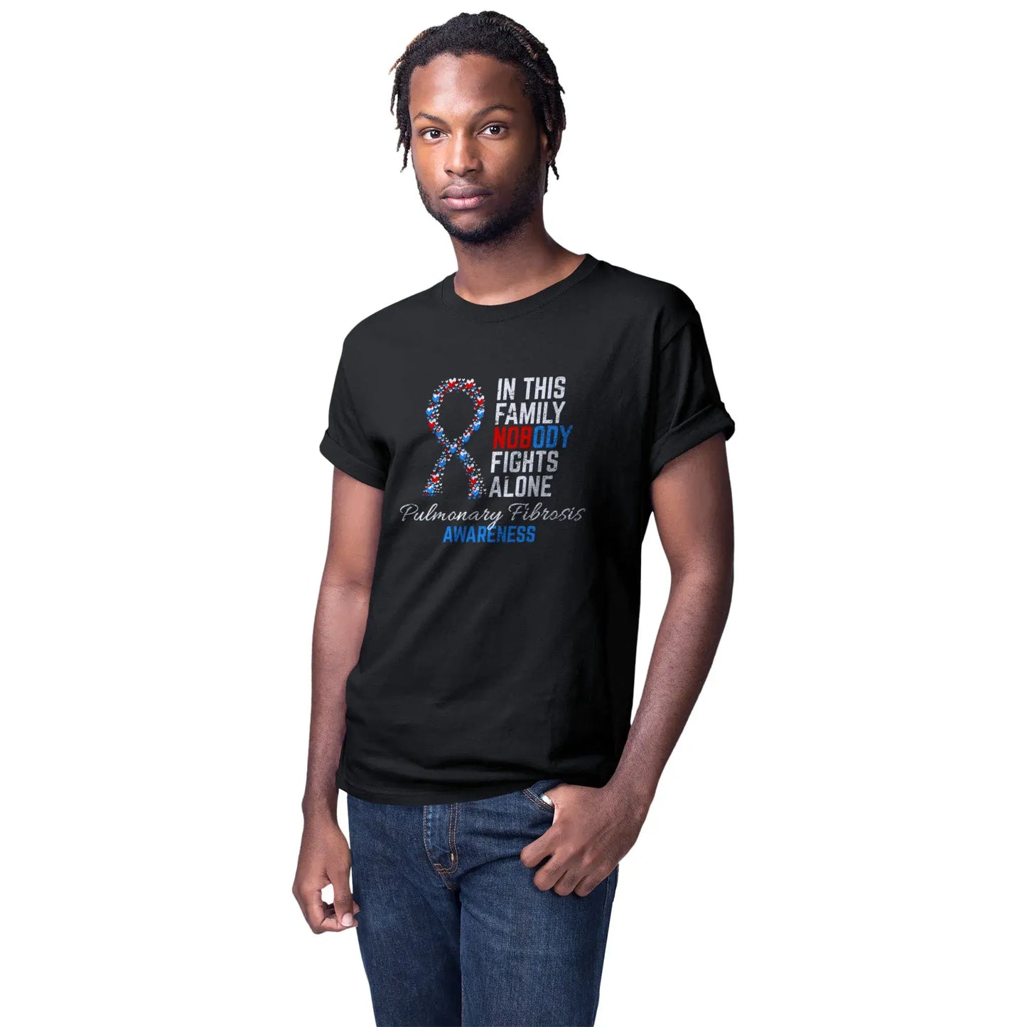A man wears the Pulmonary Fibrosis Awareness tee to stand with patients and families affected by pulmonary fibrosis and respiratory conditions.