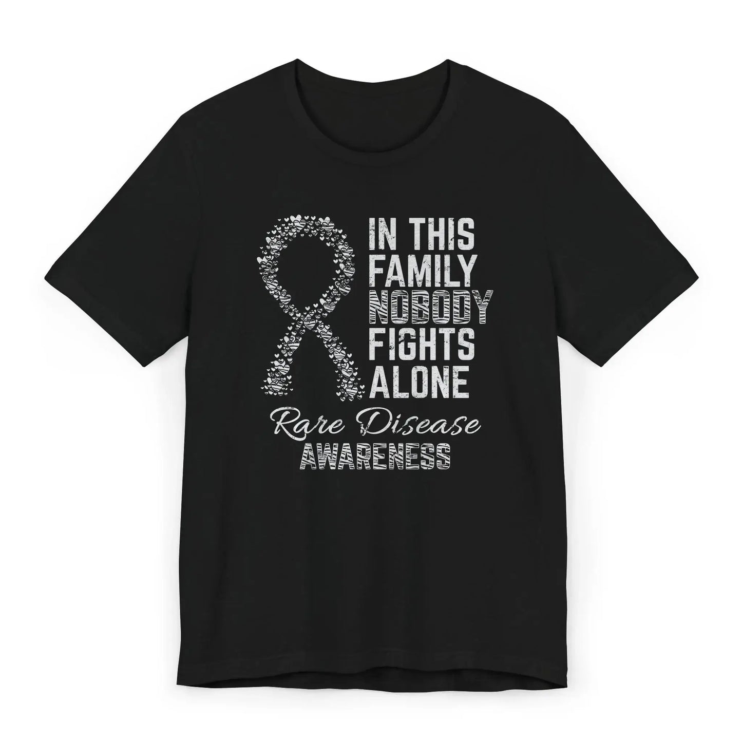 Flat image of the Rare Disease Awareness T-shirt with ribbon and quote to support individuals facing rare conditions and raise visibility.