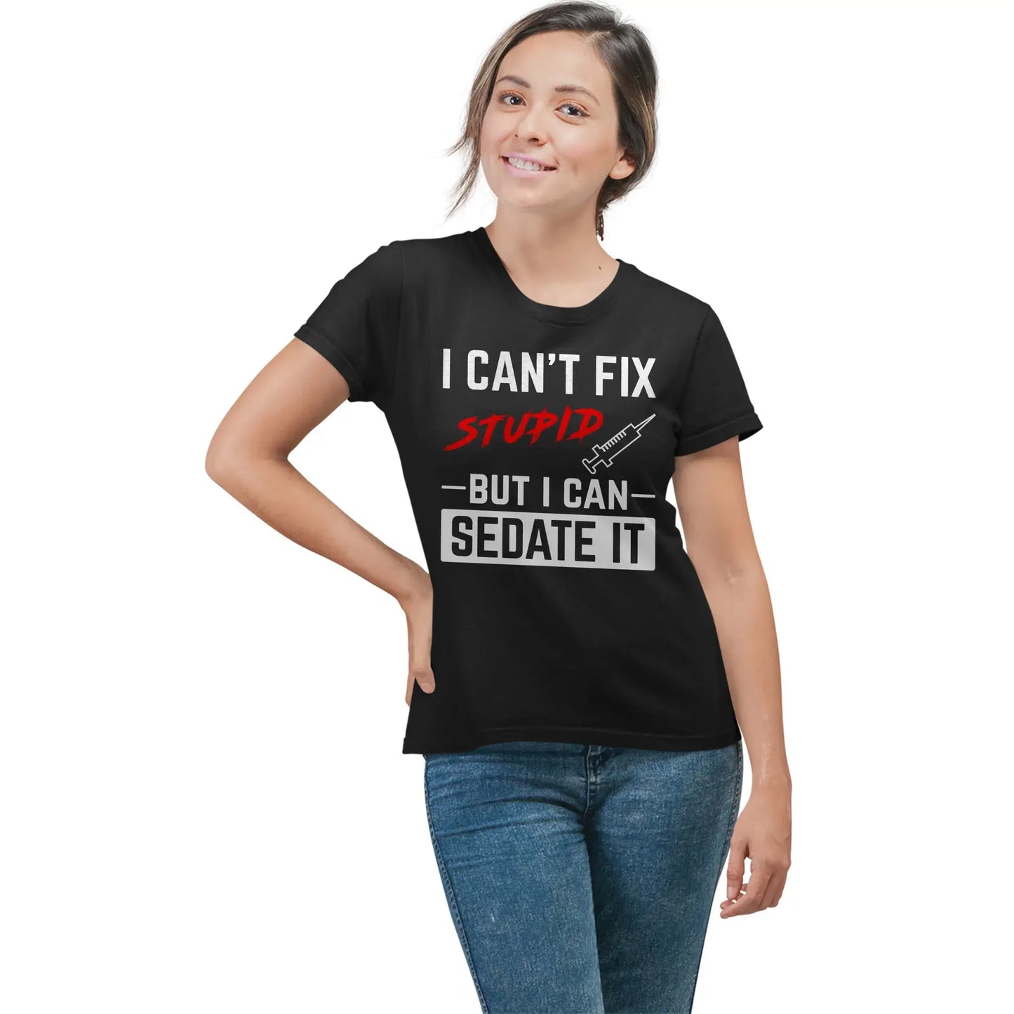 Woman in CRNA humor sedate tee