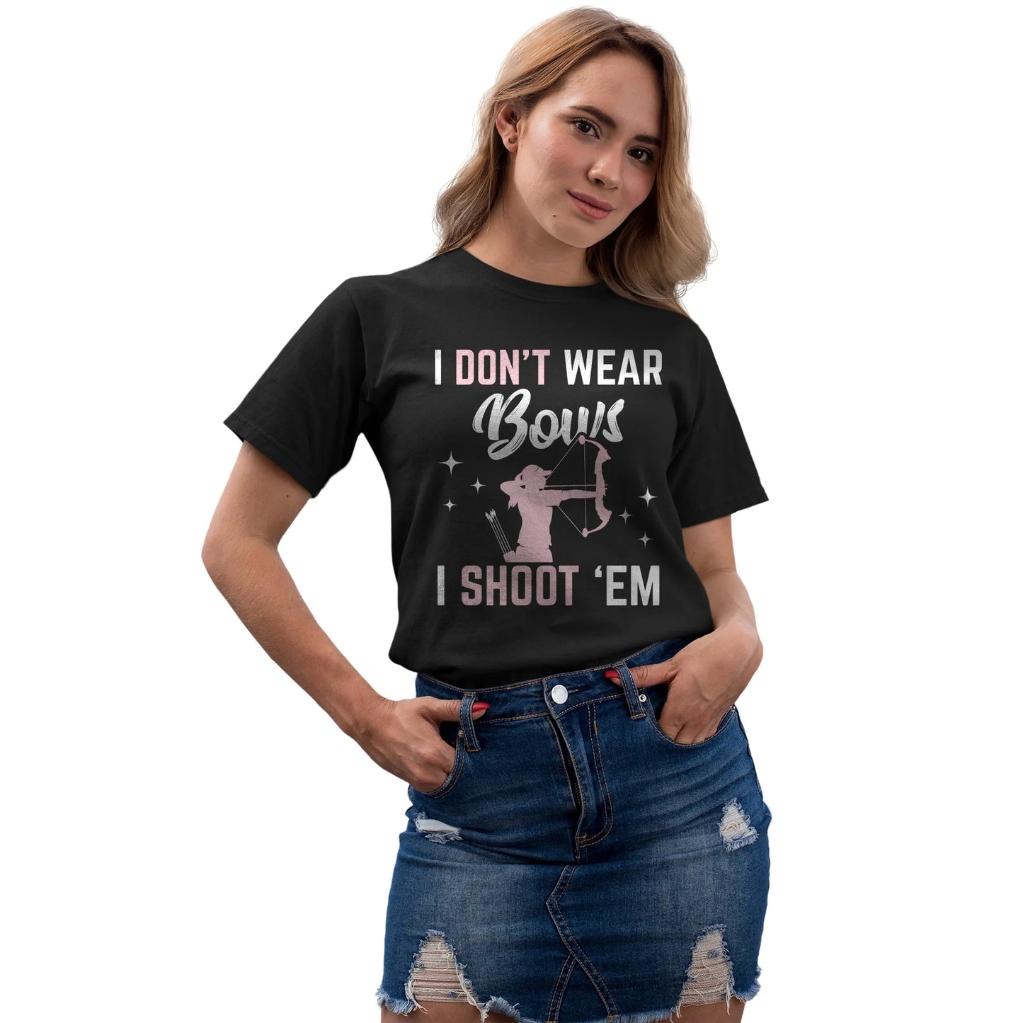 Girl modeling girl archery shirt with pink bow graphic – gift idea for women who shoot