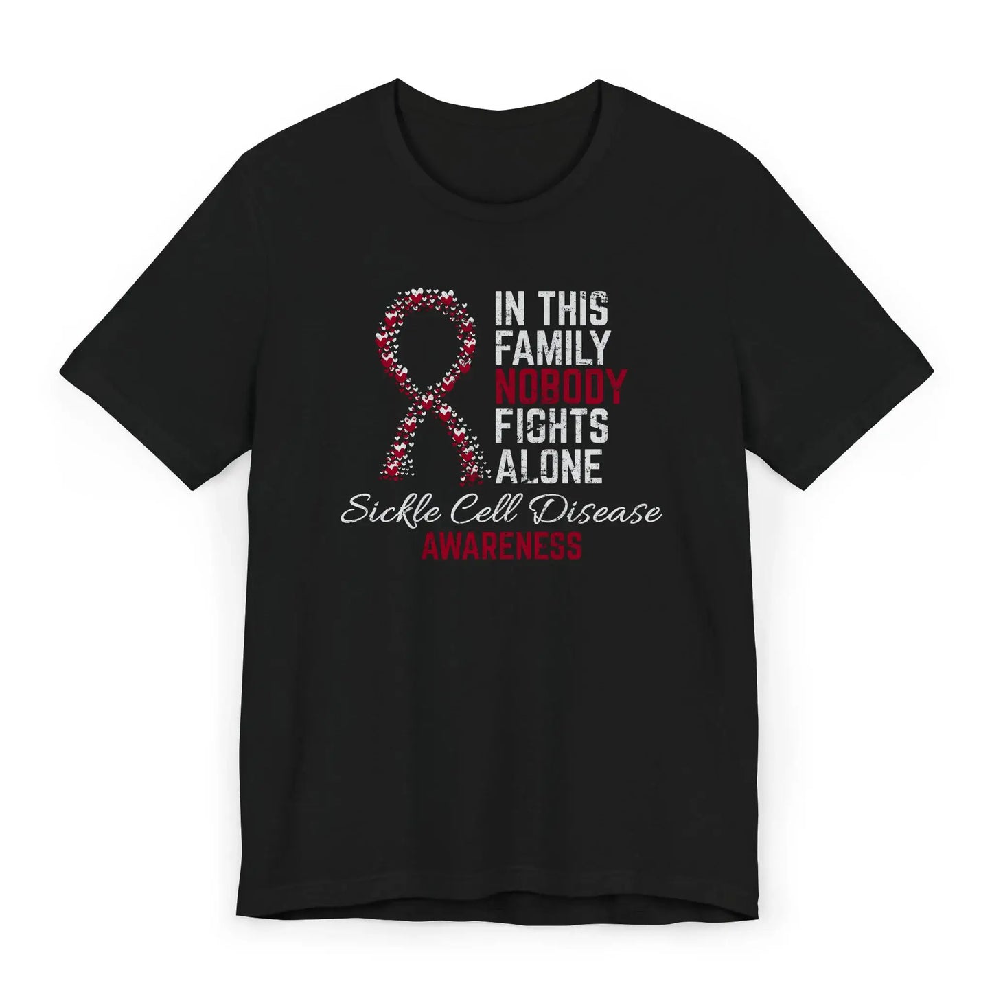 Flat image of the Sickle Cell Awareness T-shirt with a burgundy ribbon and quote offering support to warriors and families.