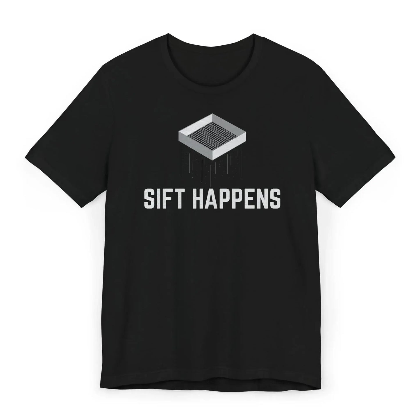 Flatlay of black archaeology tee with “Sift Happens” and sifter illustration