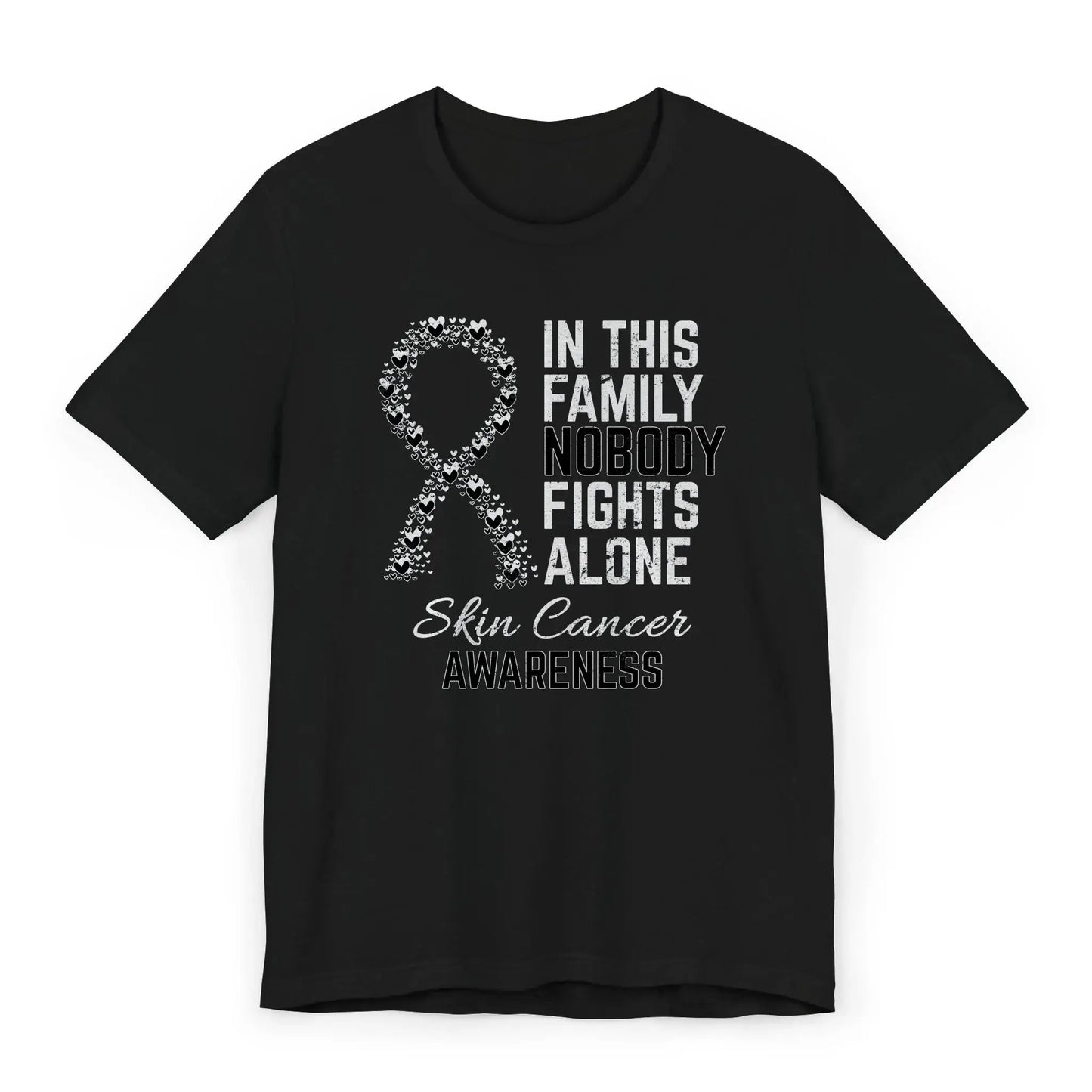 Flat image of the Skin Cancer Awareness T-shirt with heart-filled ribbon and empowering quote for skin cancer fighters and supporters.