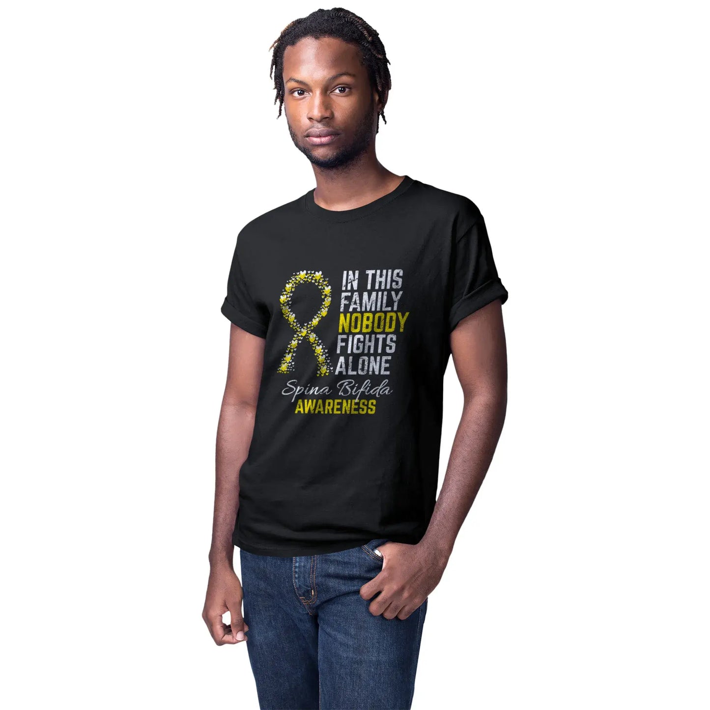 A man models the Spina Bifida Awareness tee to support children and adults living with neural tube defects and inspire greater awareness.
