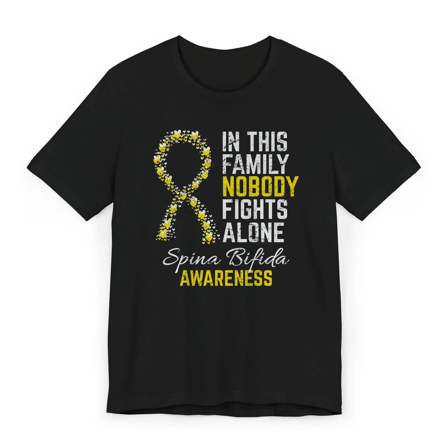 The flat image shows a Spina Bifida Awareness T-shirt with a heart-filled yellow ribbon and quote supporting strength and resilience from birth.