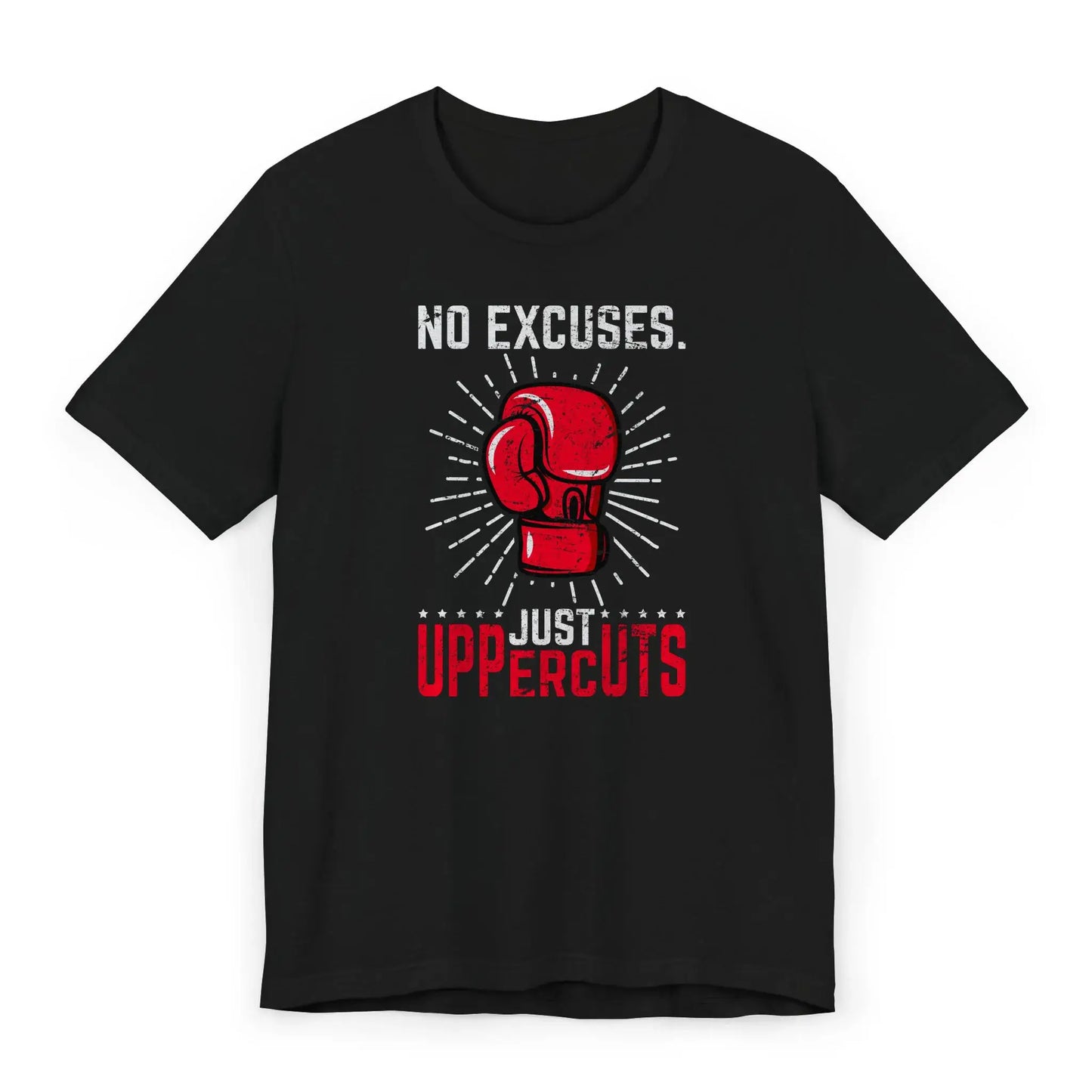 Flat lay of a boxing motivation shirt with red glove and quote “No Excuses. Just Uppercuts.”