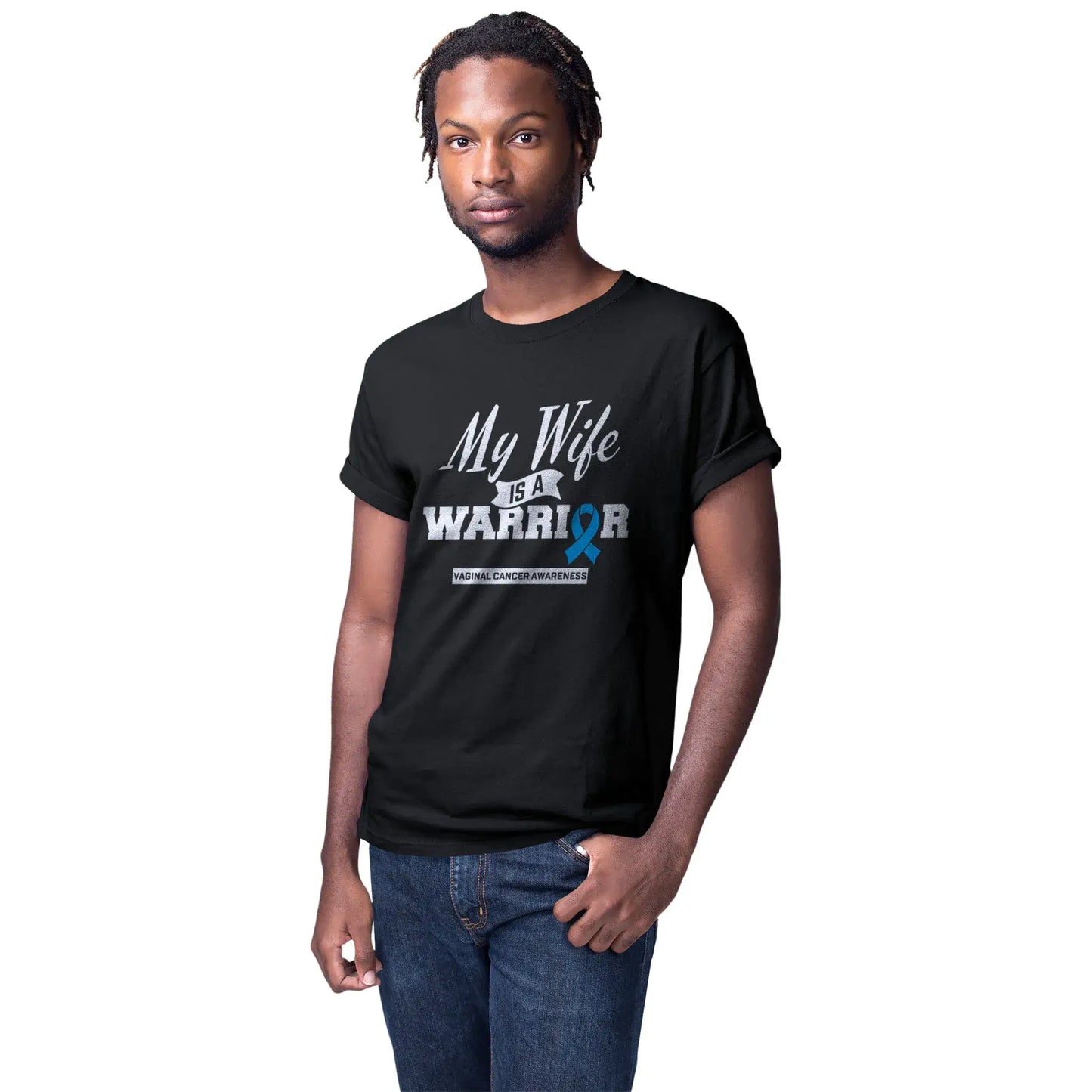 A man models the Vaginal Cancer Awareness shirt to show strength, love, and support for his wife's rare cancer journey.